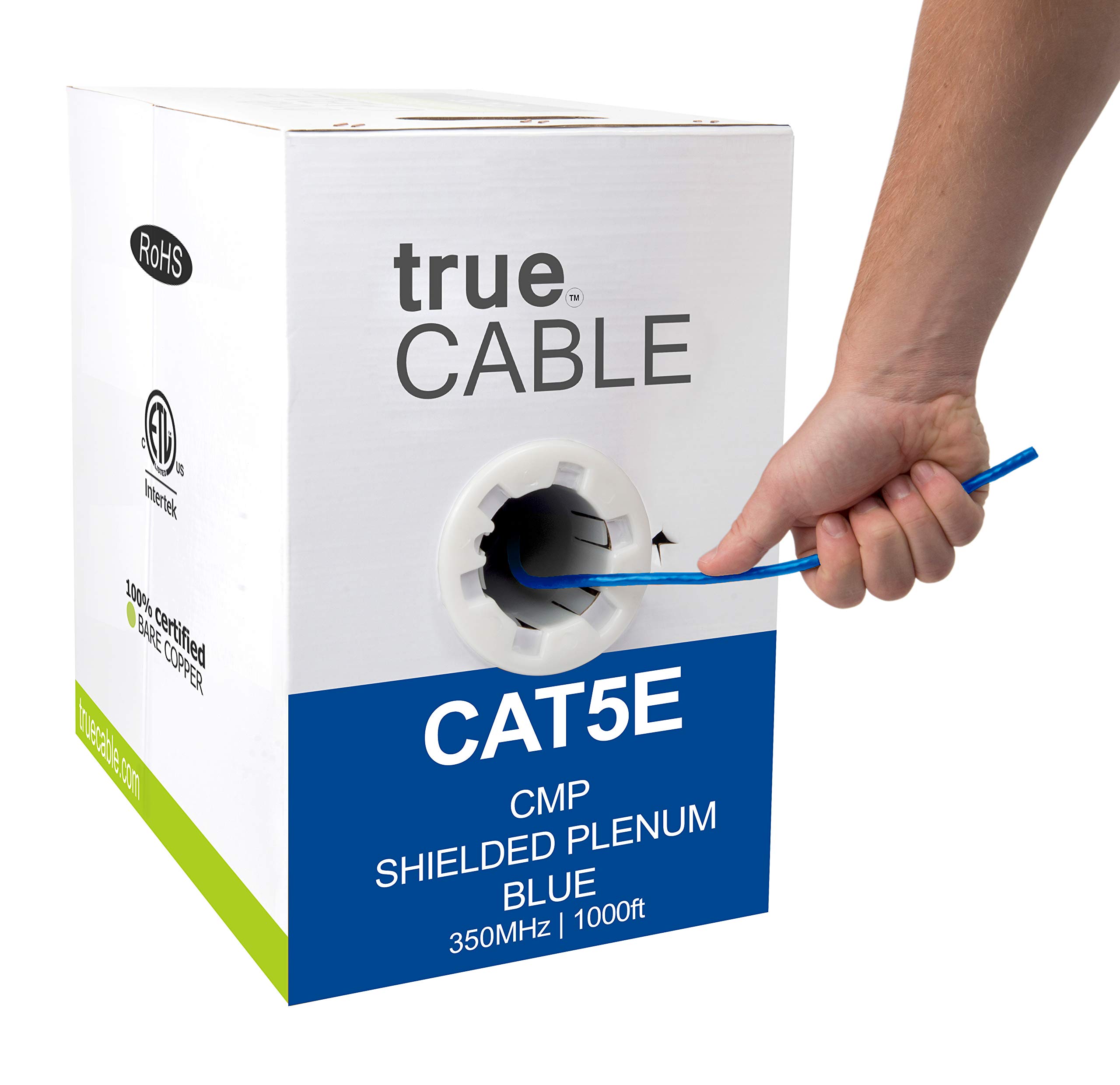 trueCABLE Cat5e Shielded Plenum (CMP) Ethernet Cable - 1000ft Blue, 24AWG Solid Bare Copper, 350MHz, PoE++ (4PPoE), ETL Listed, F/UTP Shielded Bulk Cable for High-Speed Networking, Office & Data Center Installations