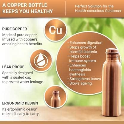BPA-Free Plain Copper Water Bottle 1000ml (34oz) - Eco-Friendly, Leak-Proof, Keeps Liquids Hot/Cold for Hours - Perfect for Gym, Office, Travel & Outdoor Activities