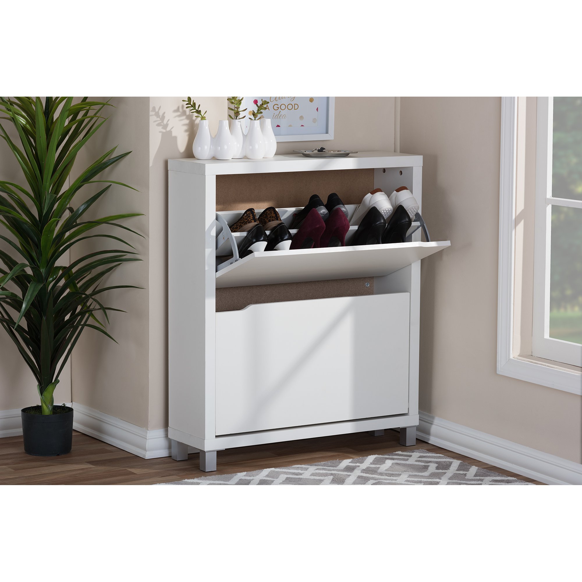Baxton Studio Simms White Modern Shoe Cabinet - 12 Pair Storage Organizer with Adjustable Shelves for Entryway, Bedroom & Closet Organization
