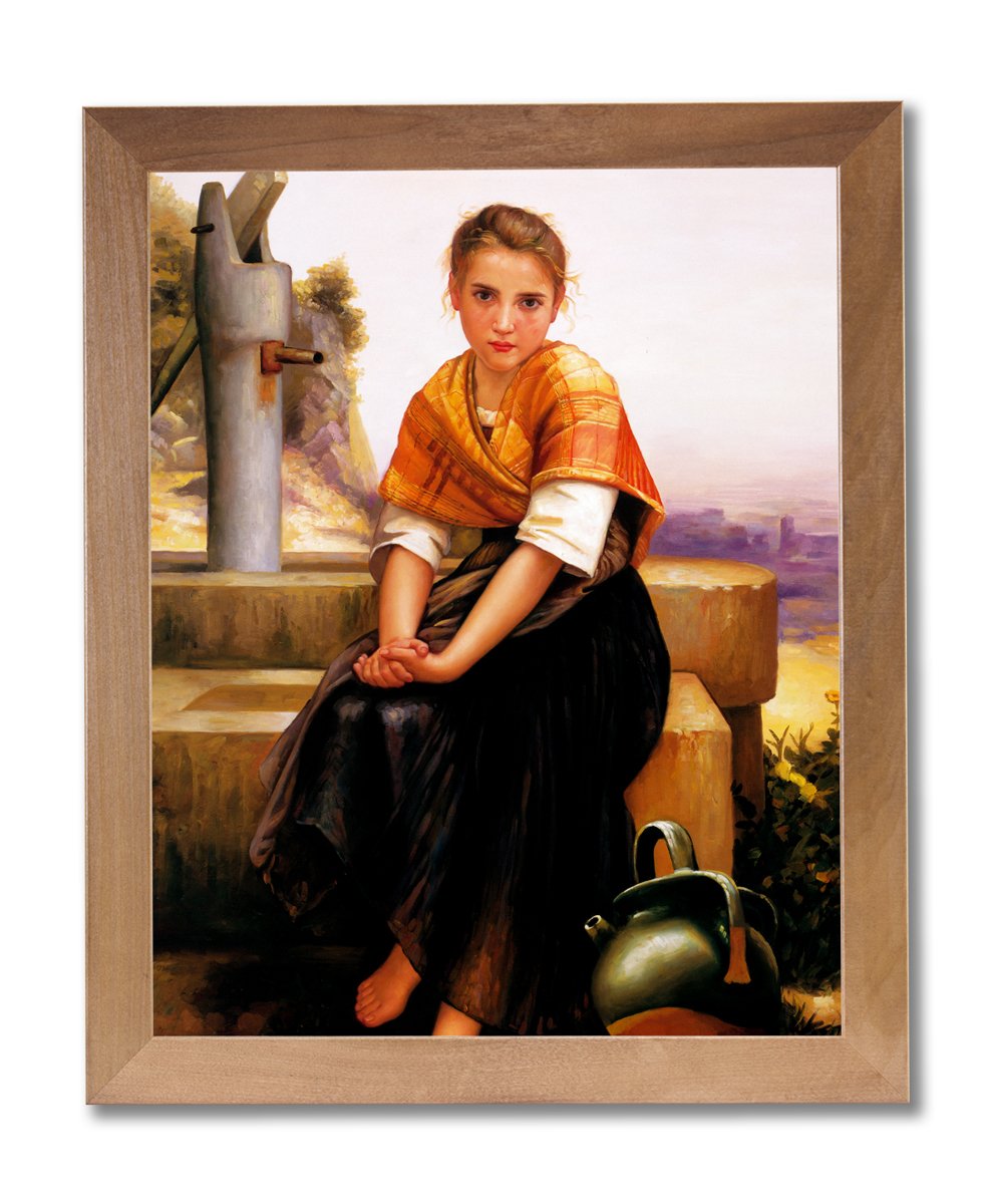 Victorian Girl Water Well Tuscan Wall Art Print - Honey Framed Picture for Home Decor, Living Room, Bedroom & Office