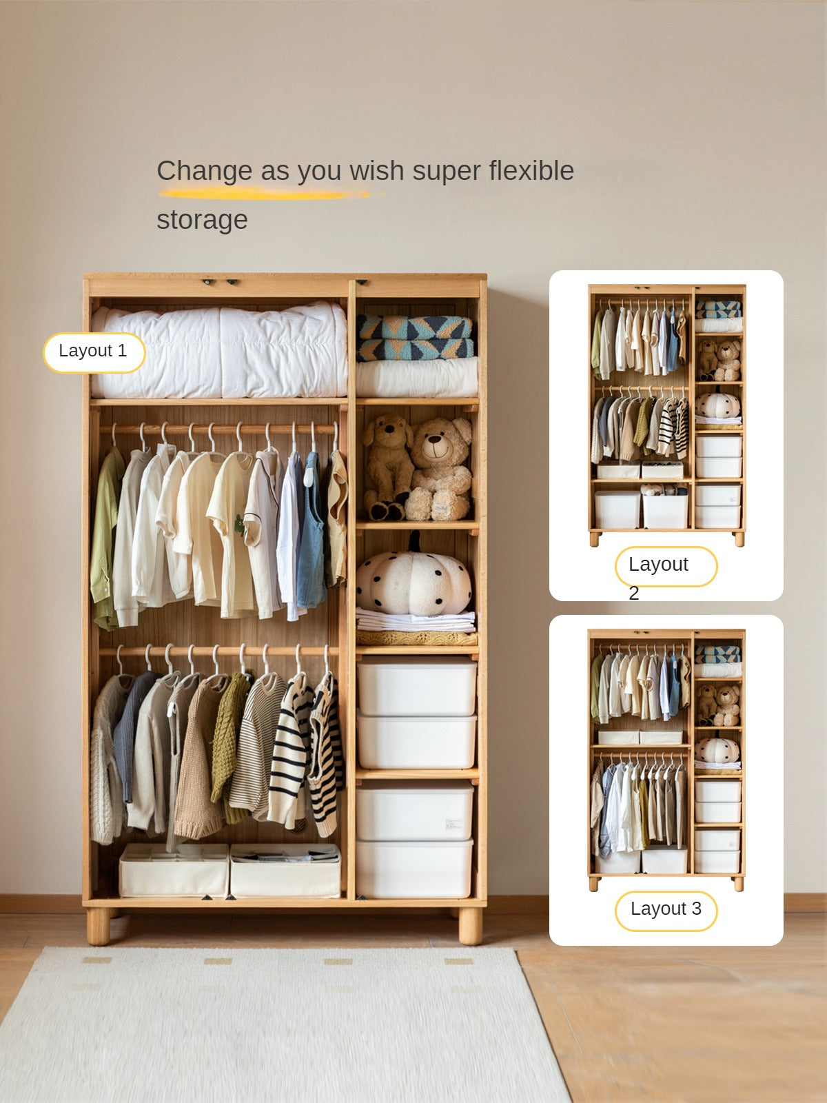 Solid Oak Wood Kids Wardrobe - Durable & Stylish Storage for Bedroom, Nursery, or Playroom Organization