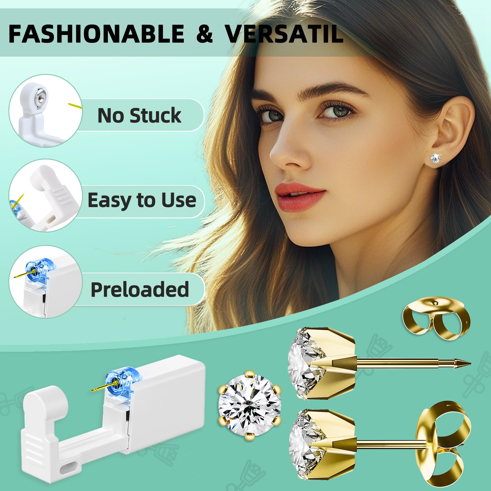 12 Pcs Disposable Ear Piercing Gun Kit with 4 Pcs 6-Prong Cubic Zirconia Earrings - 316L Stainless Steel Self Ear Piercer Tool for Home Use - Safe & Easy DIY Ear Piercing Kit (Gold) | Perfect for First-Time Piercing, Gifts & Professional Salon Results at Home