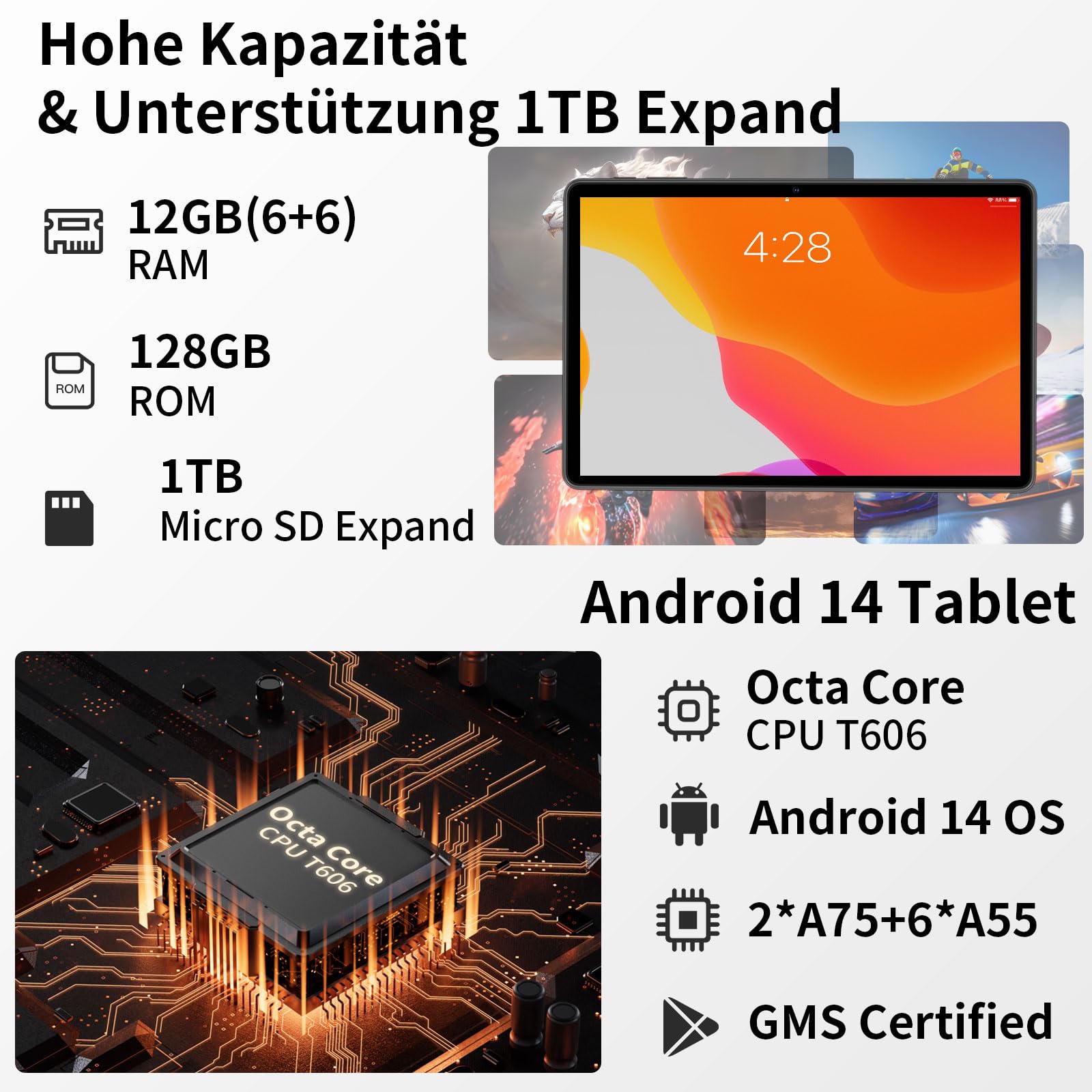 Android 14 Tablet 11 Inch - 12GB RAM 128GB ROM (Expandable to 1TB) with Octa-Core Processor, 8000mAh Battery & 18W Fast Charging | Face Unlock, Dual WiFi6, Bluetooth, HD Touchscreen & Dual Cameras | Perfect for Work, Study & Entertainment