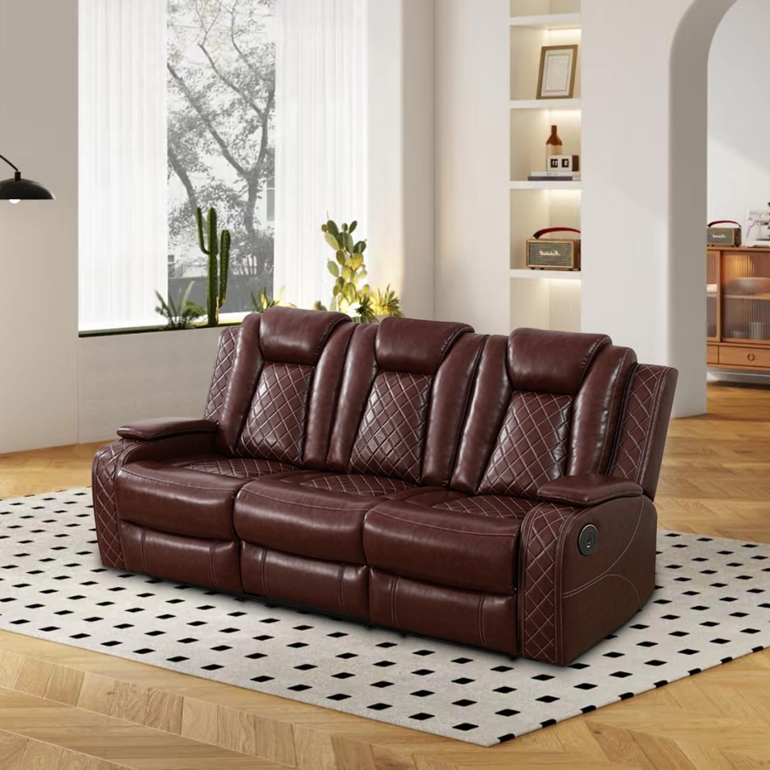 Power Reclining Sofa Set with USB Ports - Genuine Leather Recliner Couches for Living Room, Apartment, Office & Home Theater - Burgundy 3-Piece Set (Sofa + Loveseat) - Perfect for Movie Nights, Family Gatherings & Relaxing After Work