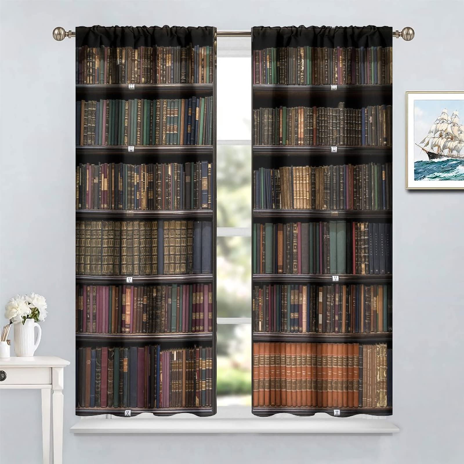 Blackout Curtains for Living Room - Bookshelf Printed Window Drapes 72x63 Inch, Darkening Rod Pocket Curtains for Home Decor & Library, Perfect for Bedrooms, Study Rooms and Home Theaters