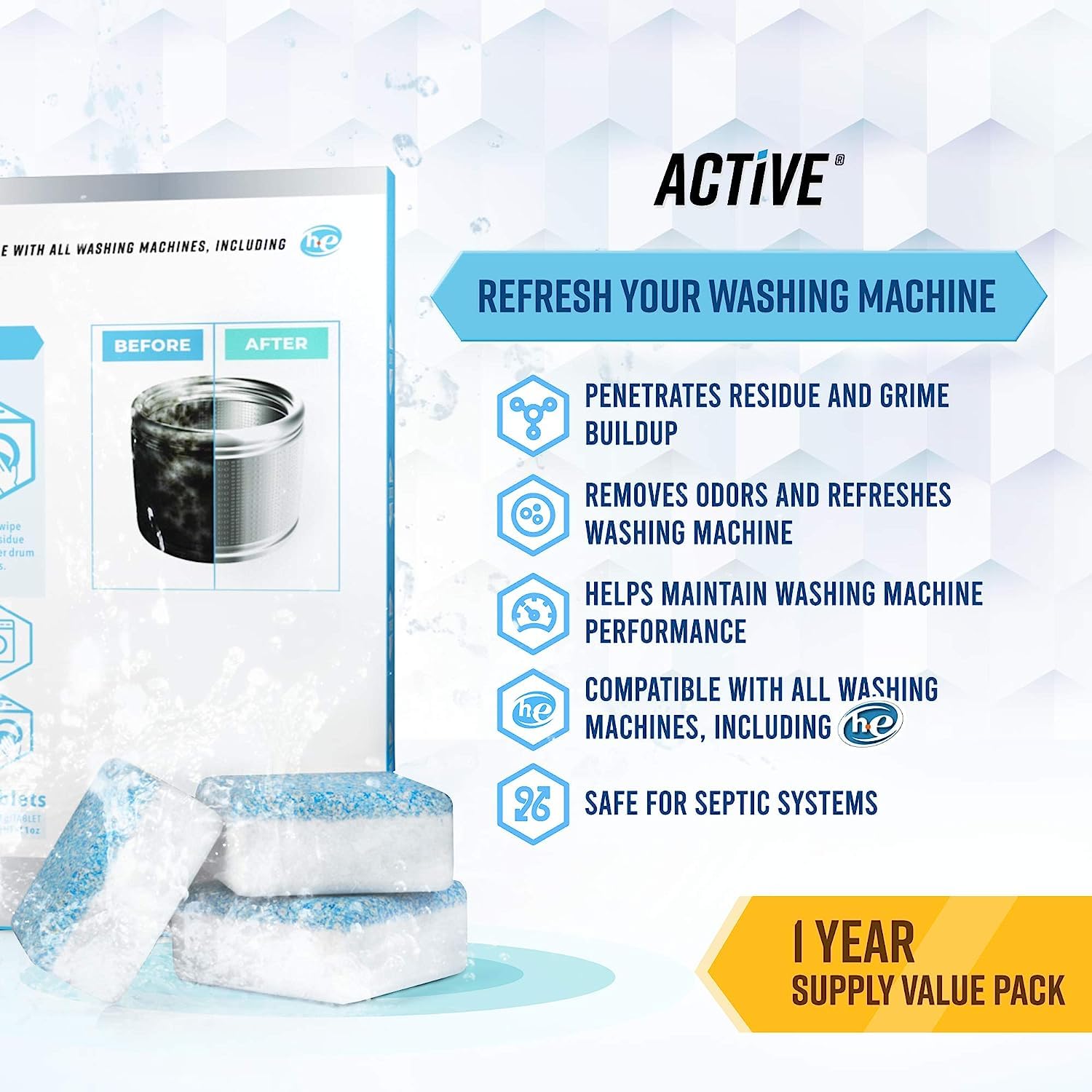 24-Pack Washing Machine Cleaner Tablets | Descaling & Deep Cleaning Powder for Top & Front Load Washers | Removes Odor, Mold & Residue | Ideal for Laundry Maintenance & Appliance Care
