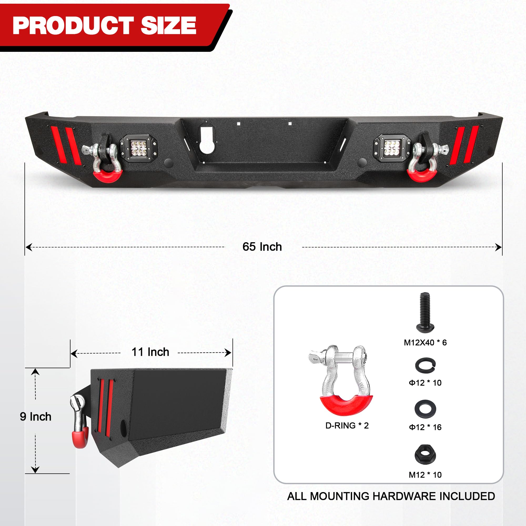 Jeep Gladiator JT Rear Bumper (2020-2024) - Textured Black Truck Bumper with Step Plate, LED Lights, Sensor Holes & D-Rings | Heavy Duty Off-Road Protection for Jeep Pickup | Perfect for Trail Riding, Overlanding & Daily Driving