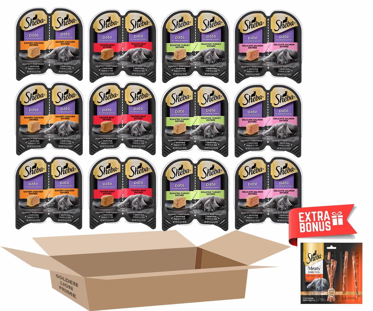 Sheba Perfect Portions Premium Wet Cat Food Pate - Variety Pack (12 Trays, 4 Flavors: Chicken, Beef, Turkey & Salmon) with Golden Gift - Ideal for Adult Cats' Daily Meals & Special Treats