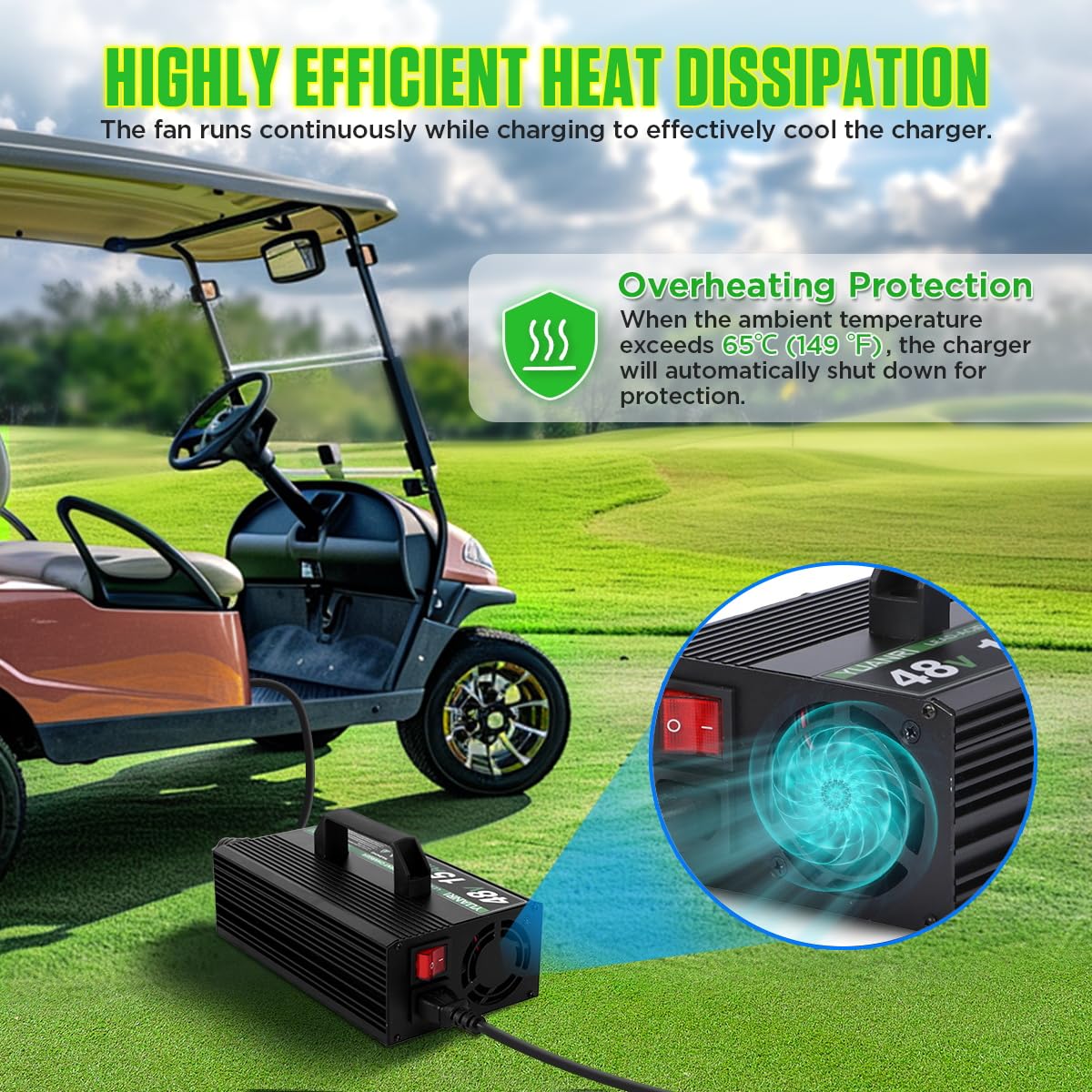 48V EZGO Golf Cart Charger 15AMP with LCD Display - Compatible with EZGO RXV & TXT Models - 16FT Cable & 3-Pin Triangular Plug - Lead-Acid Battery Charger for Home, Golf Course & RV Use