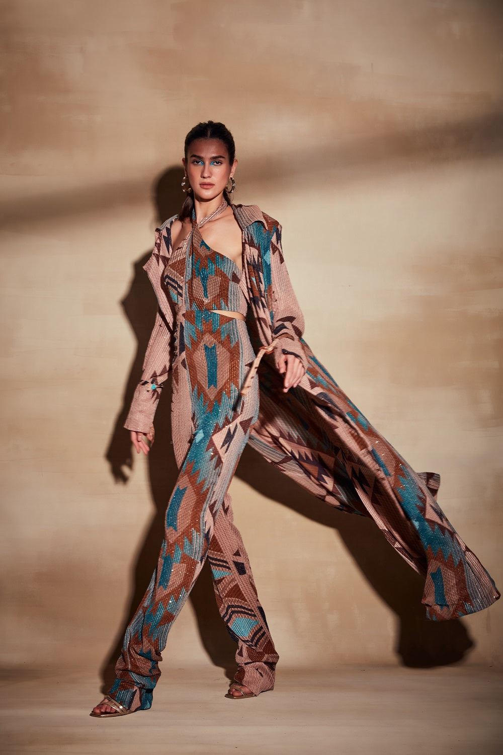 Turquoise Sequin Trench Coat for Women - Elegant Printed Long Coat with Sequins - Perfect for Parties, Evening Events & Special Occasions