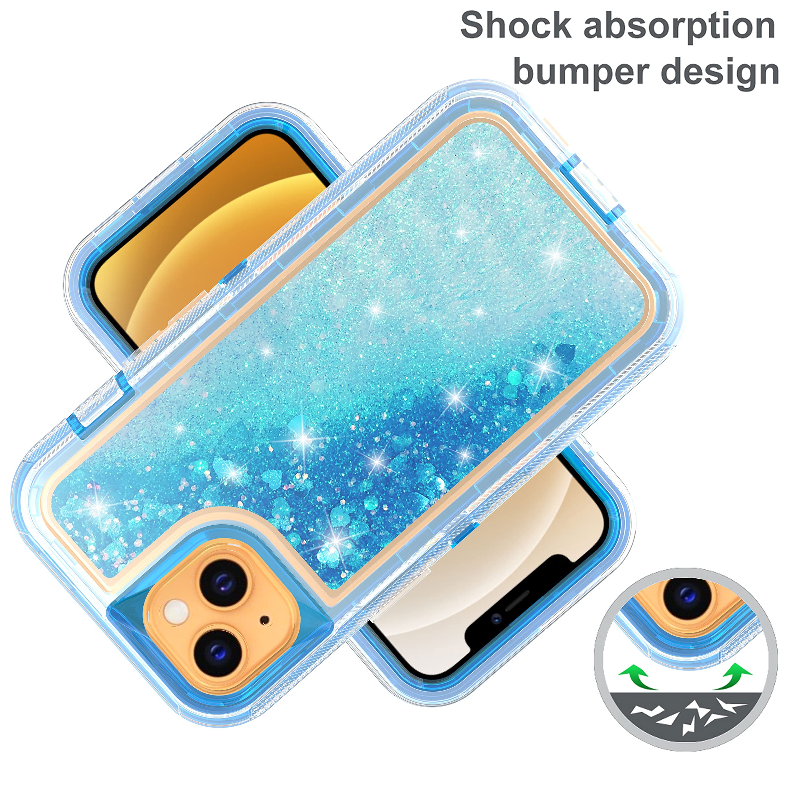 Premium Shockproof Hybrid Quicksand Glitter Case for iPhone 13 Mini (5.4 inch) - Slim Fit Hard PC + Soft TPU Bumper Cover - Blue | Perfect for Everyday Protection & Style