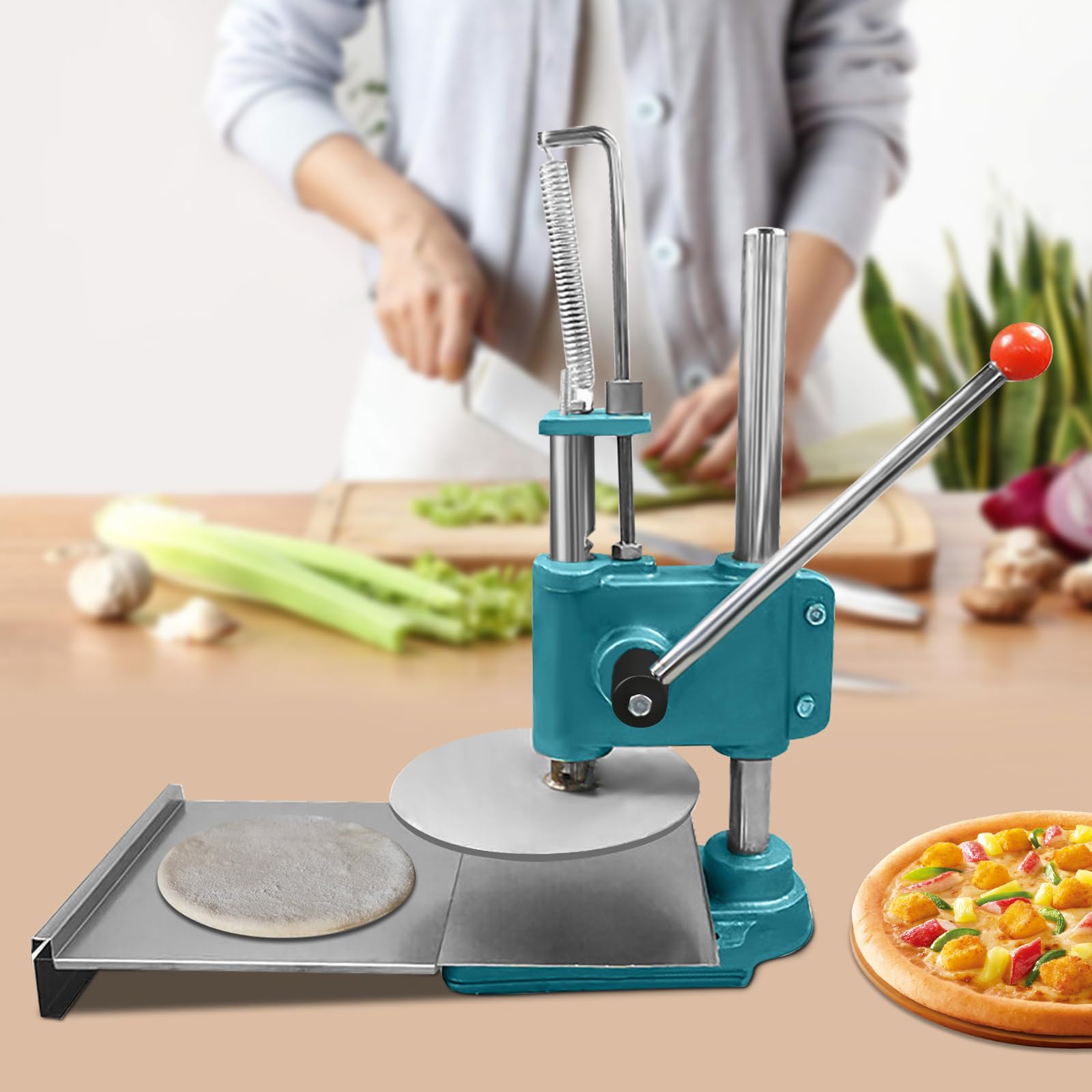 Stainless Steel Manual Pizza Dough Press Machine - 9.5inch/24cm Adjustable Height for Perfect Crust - Commercial & Home Use for Pizza, Chapati, Pastry Making - Ideal for Pizzerias, Bakeries & Home Kitchens
