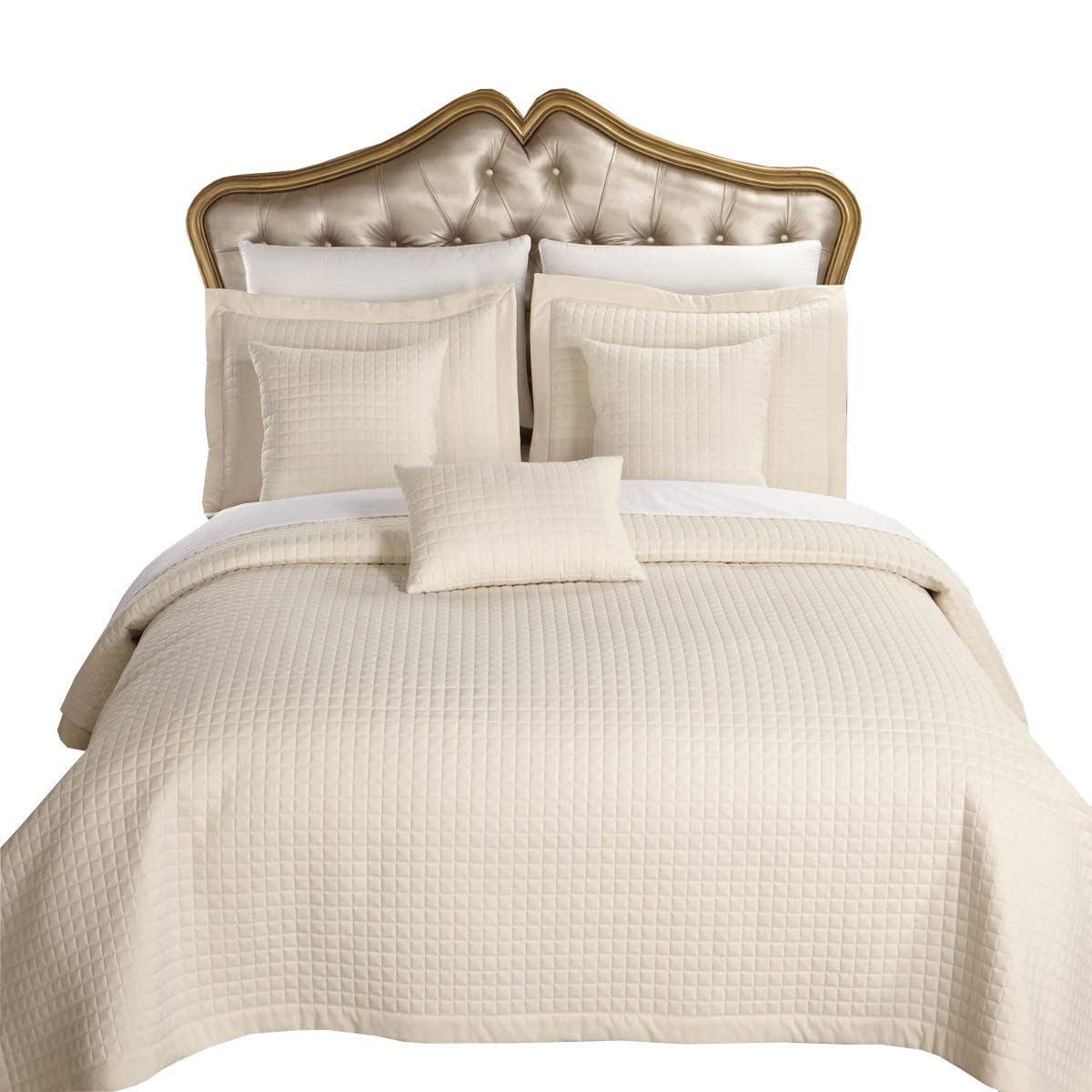 Royal Hotel 7-Piece Bedding Set - Full Size Checkered Quilt, Bedspread, Sheets & Coverlet in Ivory | Luxury Bed in a Bag for Guest Rooms, Vacation Homes & Cozy Bedrooms