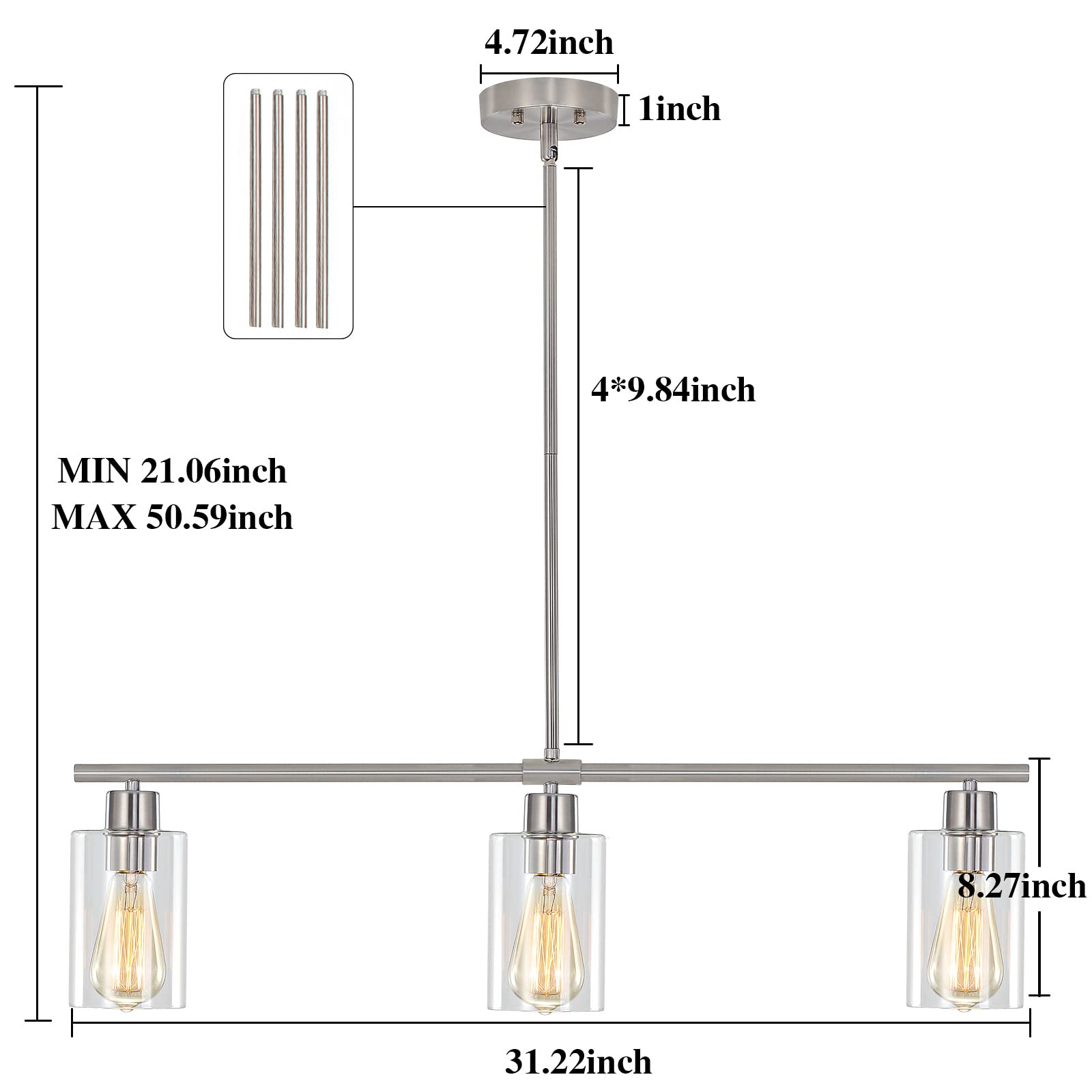 ETONIMERR 3-Light Brushed Nickel Modern Kitchen Island Pendant Light with Glass Shade - Industrial Linear Hanging Lighting Fixture for Dining Room, Bar Counter, and Kitchen Island Decor