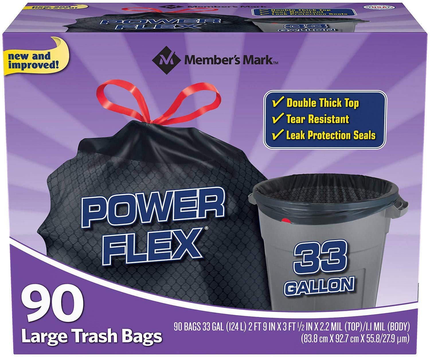 Member Mark 33-Gallon Heavy-Duty Drawstring Trash Bags - 90 Count (3 Pack) | Leakproof & Tear-Resistant for Kitchen, Office & Outdoor Use