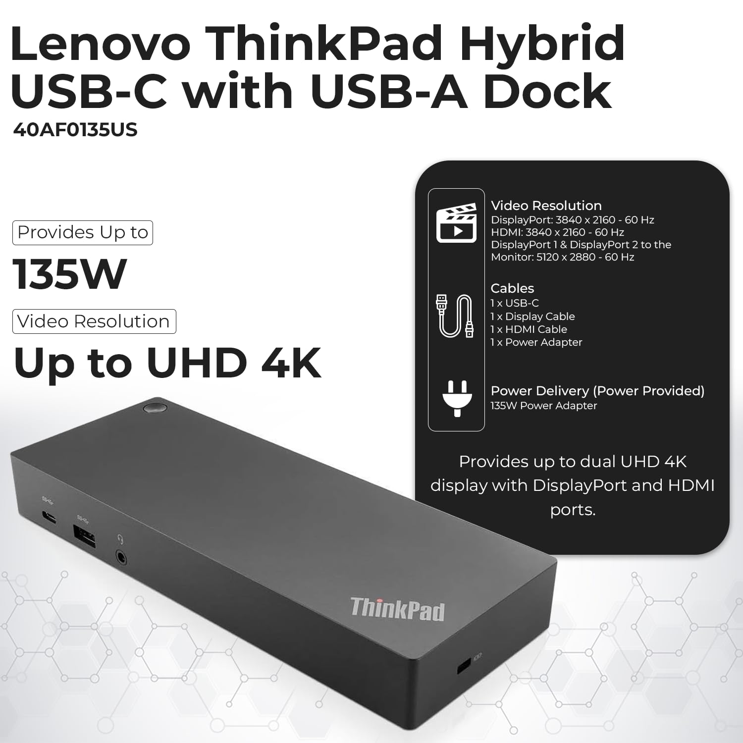Lenovo ThinkPad 40AF0135US USB-C Docking Station with Dual Monitor Support - Includes USB-A Adapter, HDMI Cable, DisplayPort Cable, USB-C Cable & Microfiber Cloth - Perfect for Home Office & Remote Work Setup