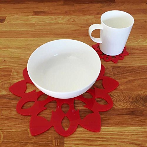 Snowflake Shaped Placemat and Coaster Set - 6-Piece Holiday Dining Set for Christmas Table Decor, Party Dinner & Winter Home Decor - Red
