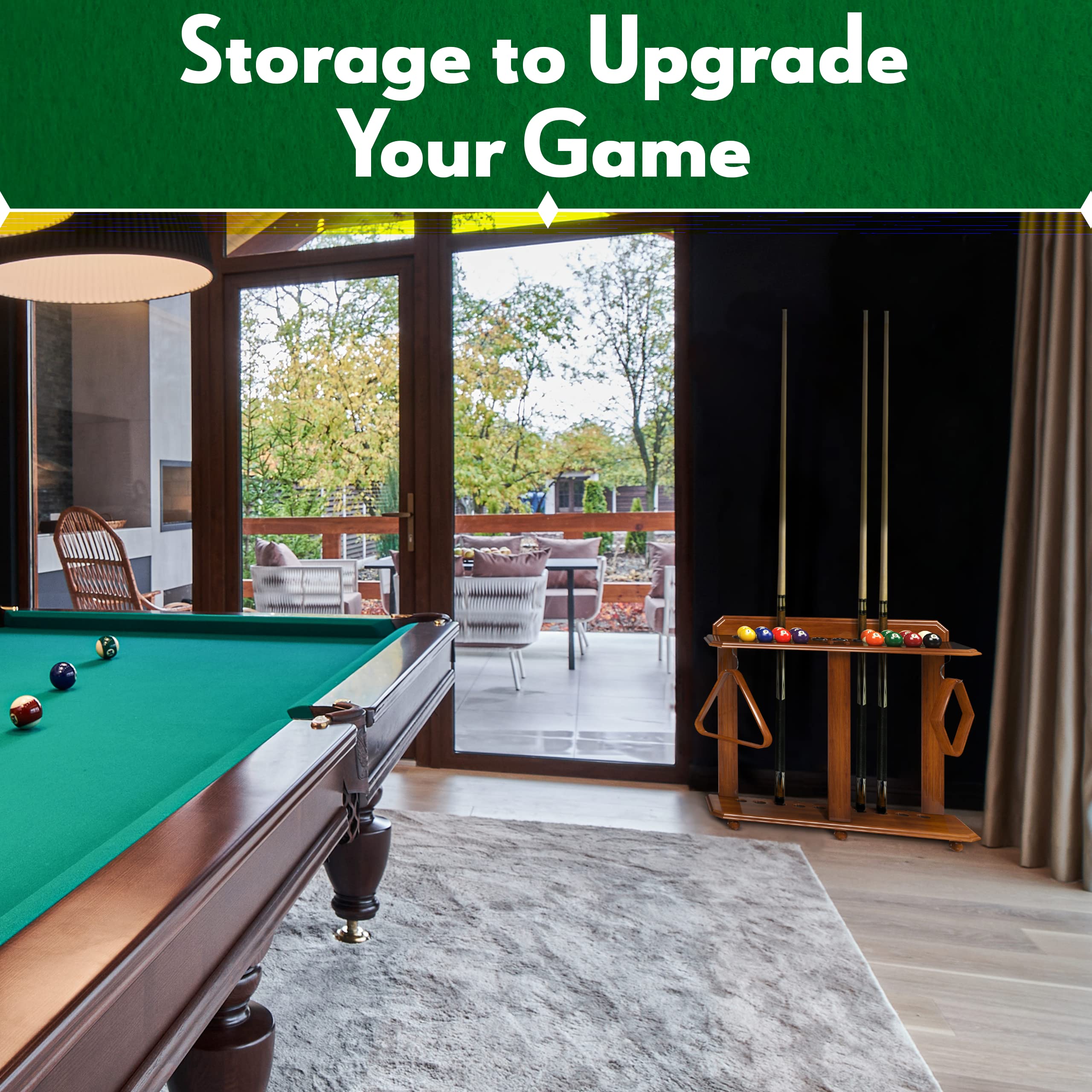 Premium Wooden Pool Cue Rack - Holds 10 Billiard Sticks & Full Ball Set - Durable Floor Standing Billiards Accessory (Black) - Perfect for Game Rooms, Bars, and Home Pool Tables