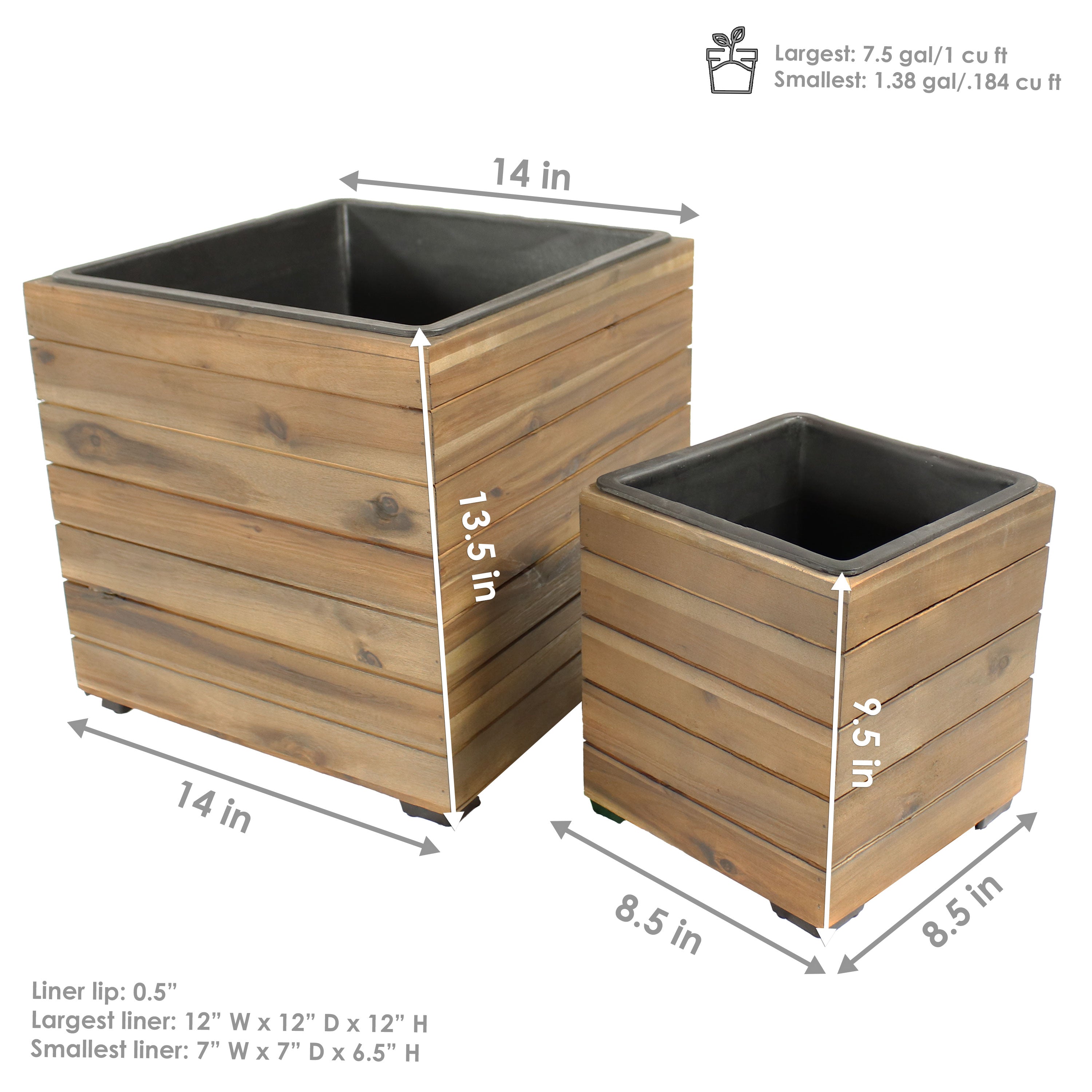Sunnydaze 2-Piece Wooden Planter Box Set with Plastic Liners - Outdoor Garden Decor for Flowers, Herbs & Plants - Perfect for Patio, Balcony & Backyard Gardening