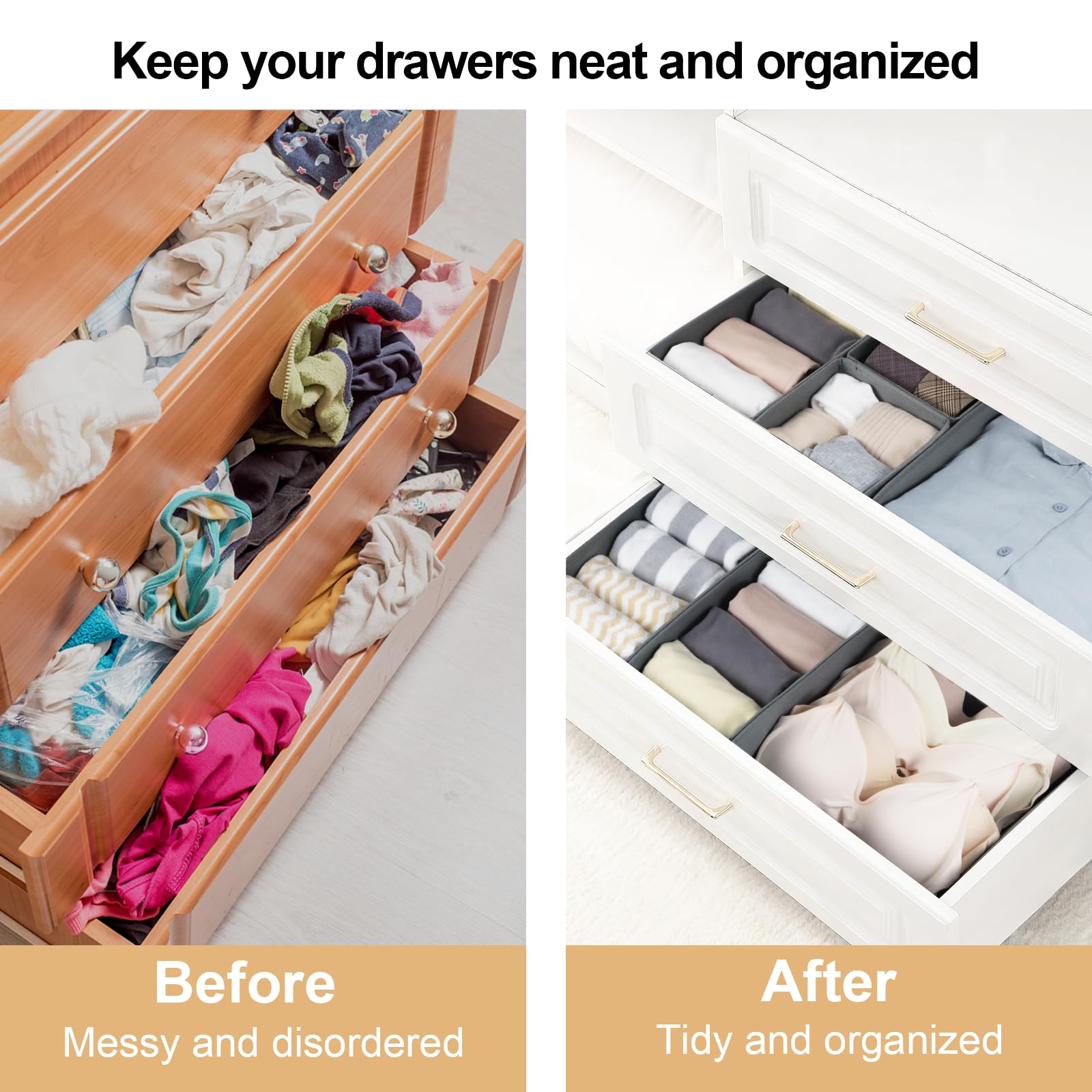 16-Piece Fabric Drawer Organizer Set - Foldable Storage Baskets & Cabinet Dividers for Clothes, Socks, Ties, Underwear | Space-Saving Closet & Dresser Organization Solution (Gray)