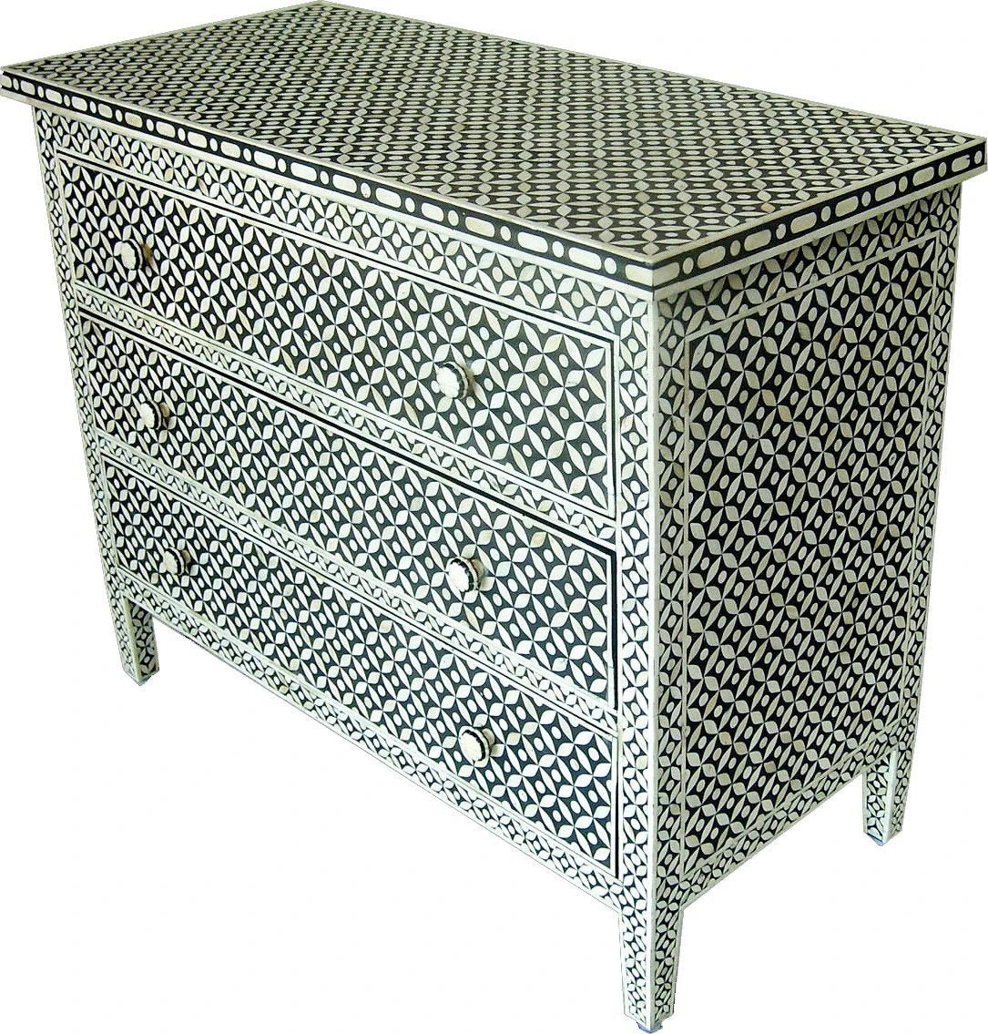 Handmade Inlay Geometric Floral Chest of Drawers - Grey & White Storage Unit for Bedroom, Living Room, or Office Organization