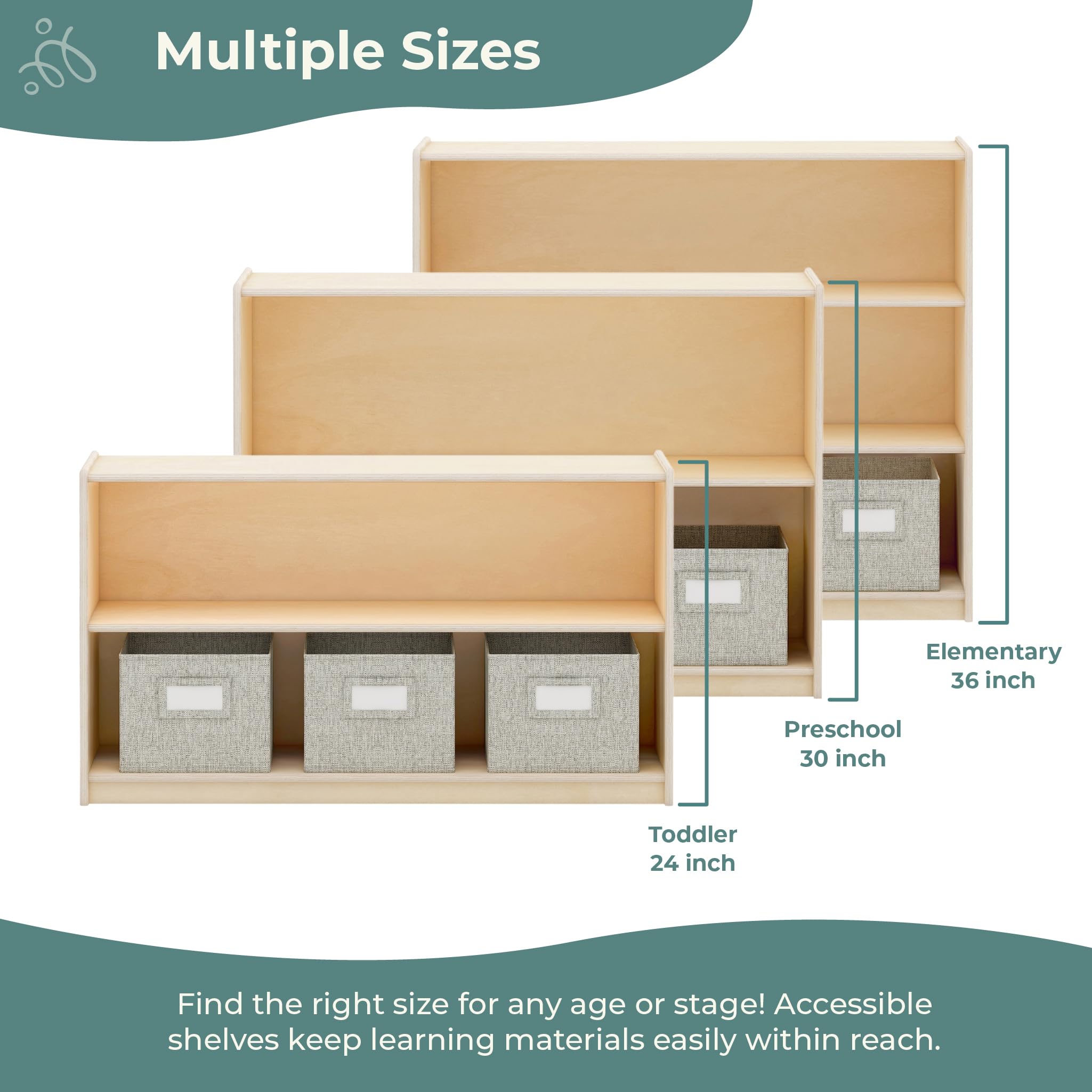 Guidecraft EdQ Three Shelf Open Storage Unit with 3 Fabric Bins - Natural Wood Kids Bookcase & Toy Organizer for Homeschool, Classroom, Playroom & Bedroom Storage Solutions