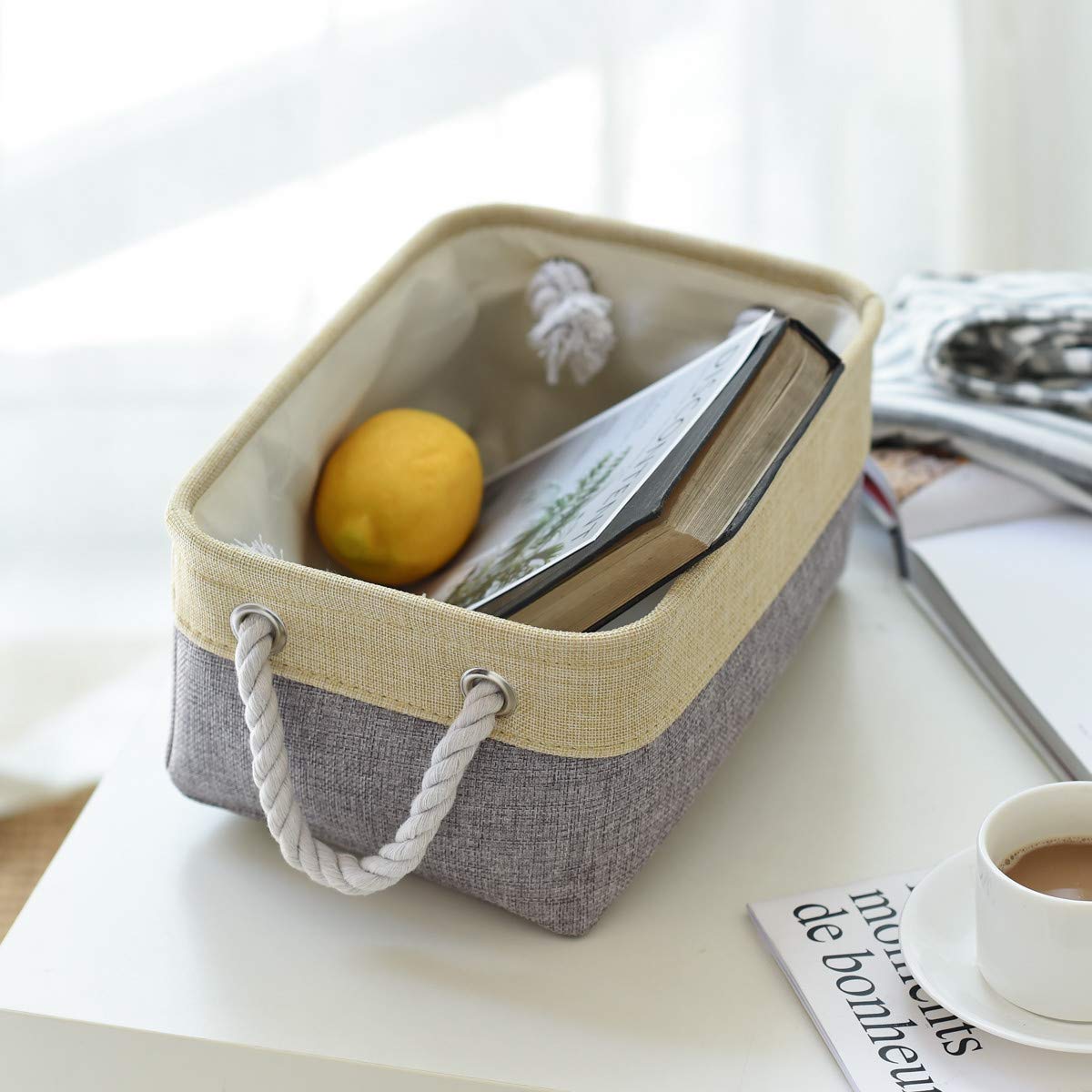 TheWarmHome 6-Pack Small Storage Baskets - 11.8x7.8x5.2 Inch Fabric Storage Bins & Organizer Cubes for Shelves, Baby Toys, Nursery (Gold & Grey) | Perfect for Home Organization, Closet, Kids Room & Playroom Storage