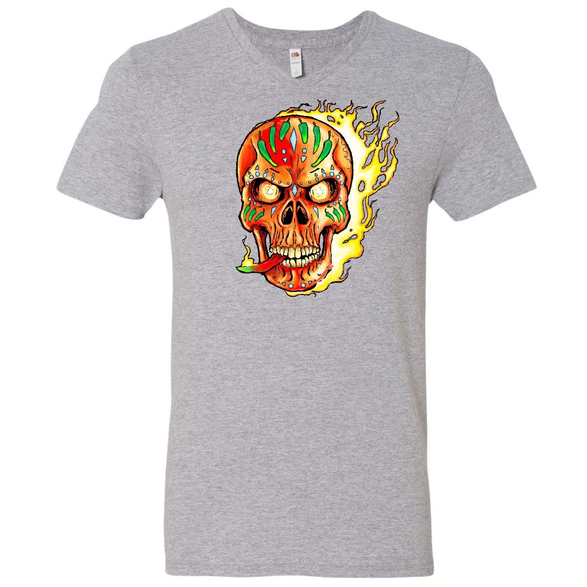 Inktastic Hot Sauce Skull ON FIRE Men's V-Neck T-Shirt - Spicy Food Lover Graphic Tee for Casual Wear, Parties & Gifts