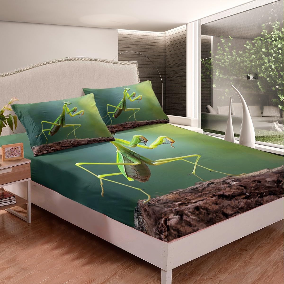 Green Praying Mantis Insect Theme Microfiber Bedding Set - Twin Size Fitted Sheet & Pillowcase (2pc) for Kids, Boys & Teens | Jungle Safari Room Decor, Nature Themed Bedroom Accessories