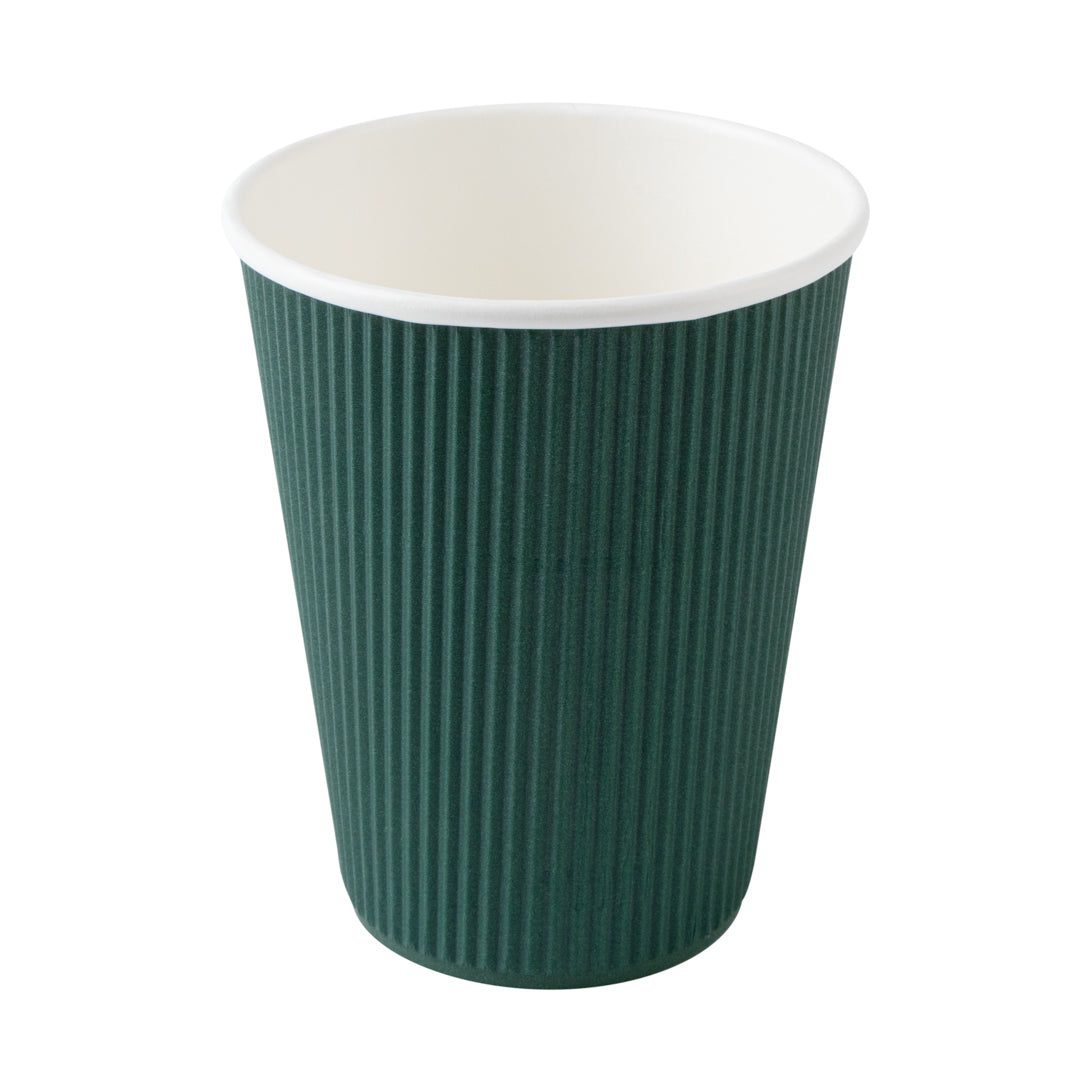 12 oz Eco-Friendly Dark Green Ripple Wall Coffee Cups with Black Lids - 3.5