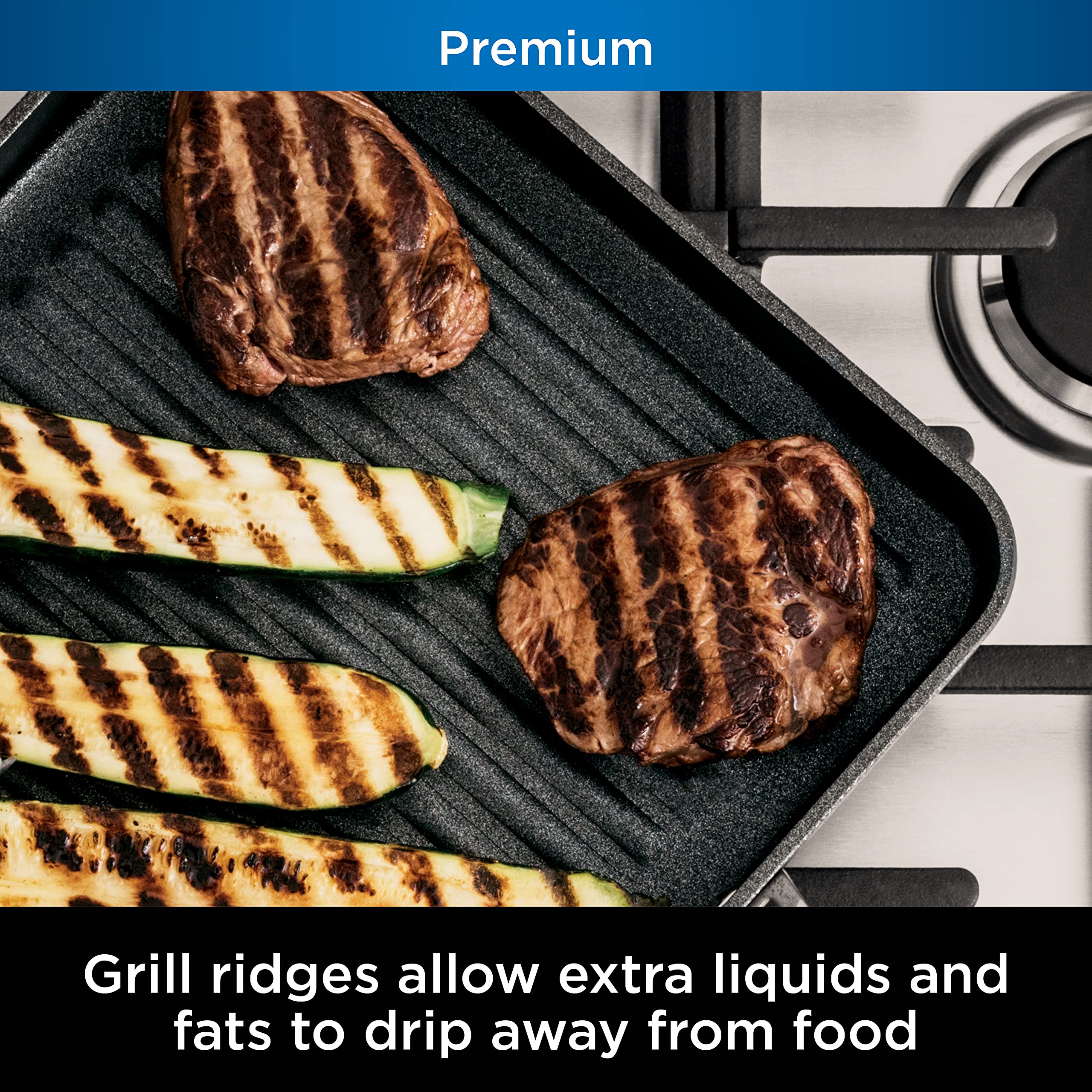 Ninja C30528 Foodi NeverStick Premium 11-Inch Square Grill Pan - Hard-Anodized, Nonstick Cookware, Oven Safe to 500°F, Durable Slate Grey - Perfect for Grilling Steaks, Burgers, and Vegetables Indoor or Outdoor Cooking