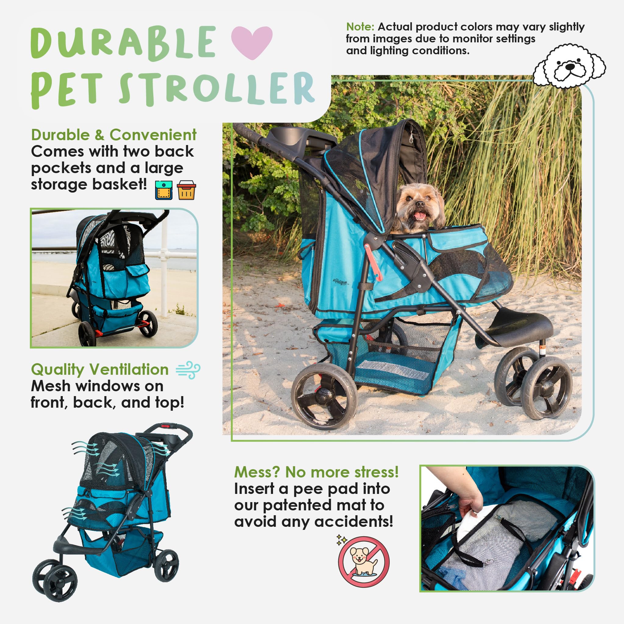 Premium Pet Stroller for Small to Medium Dogs & Cats - Durable, Easy Fold Design with Mesh Windows & Large Storage Basket - Secure Cup Holder Tray - Supports Pets Up to 55lbs - Mermaid Blue - Perfect for Outdoor Walks, Vet Visits & Travel Adventures