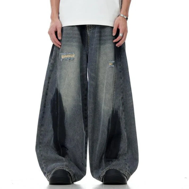 American Graffiti Men's Ripped Jeans - Fashionable Lantern Pants with Zipper & Multiple Pockets, Denim Trousers for Men (2024 Fall Collection) | Perfect for Casual Wear, Street Style & Night Out