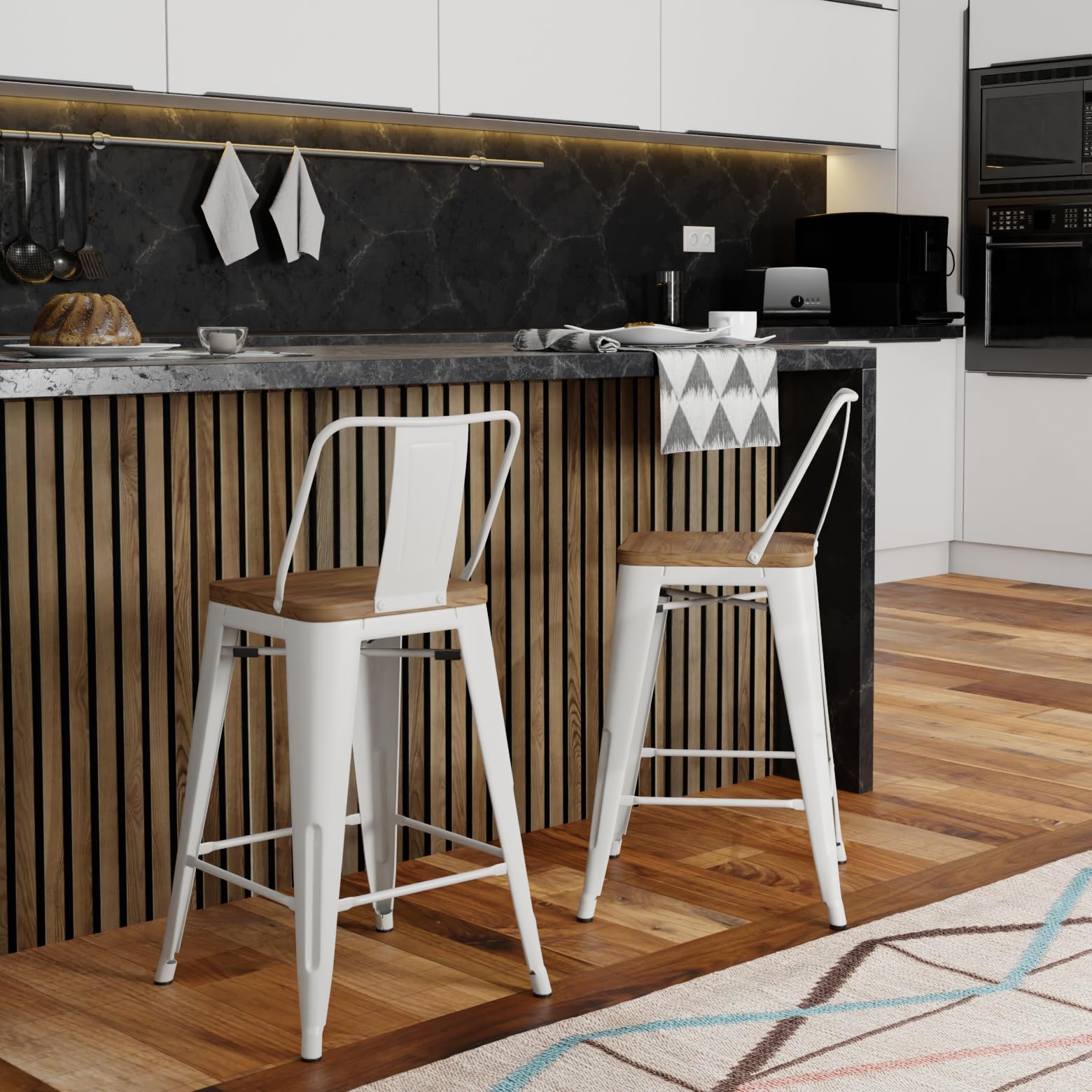 SIMPLIHOME Rayne Industrial Metal 24 Inch Counter Height Bar Stools Set of 2 - White Metal & Wood Kitchen Stools for Dining Room, Breakfast Nook, and Home Bar Decor