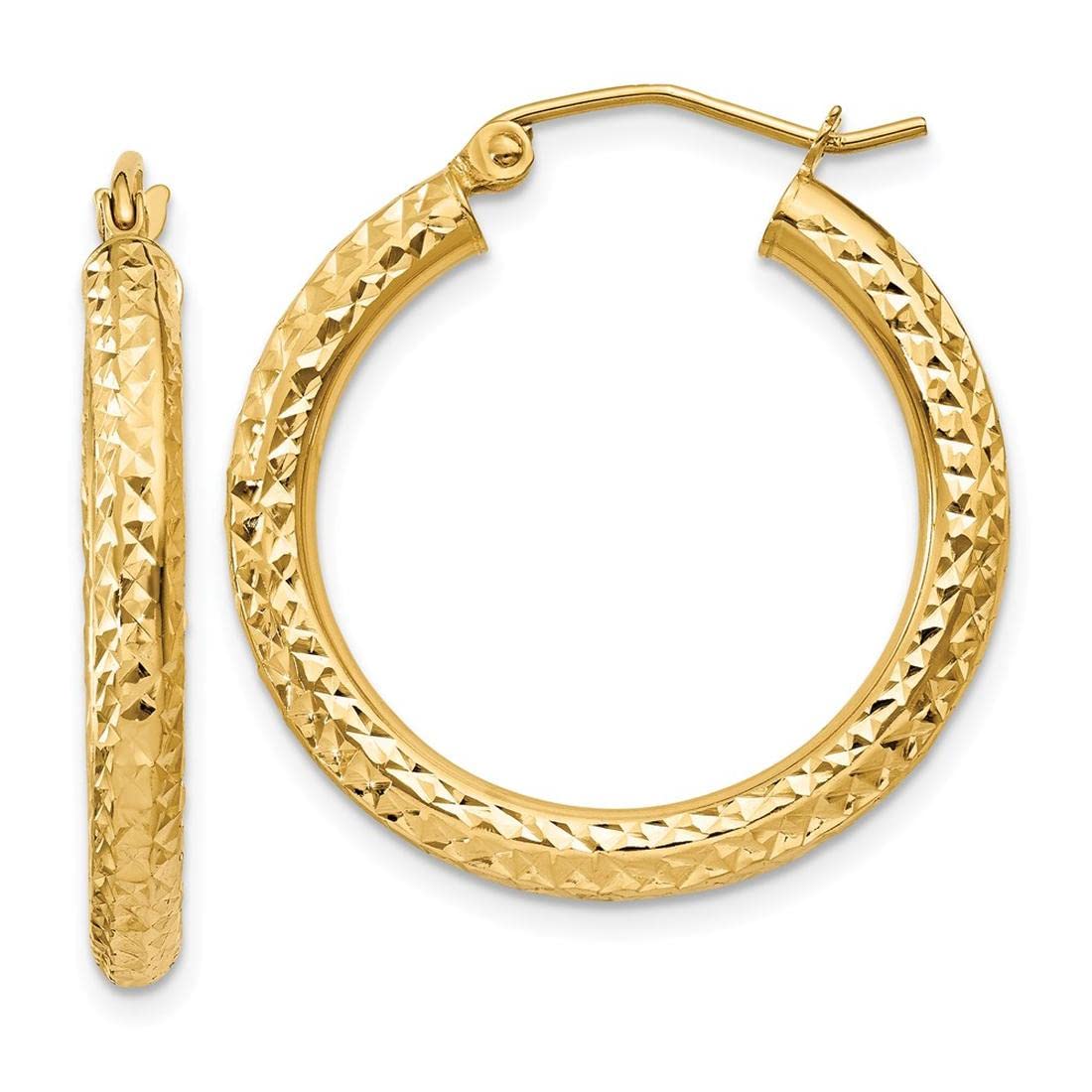 14K Yellow Gold Diamond-Cut 3mm Round Hoop Earrings for Women - Elegant Everyday Jewelry for Work, Party & Special Occasions