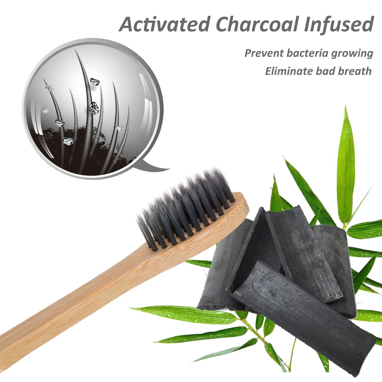 2-Pack Natural Organic Activated Charcoal Teeth Whitening Powder with 4 Bamboo Toothbrushes - Whitens Teeth, Removes Stains & Freshens Breath - Eco-Friendly Dental Care for Home & Travel Use