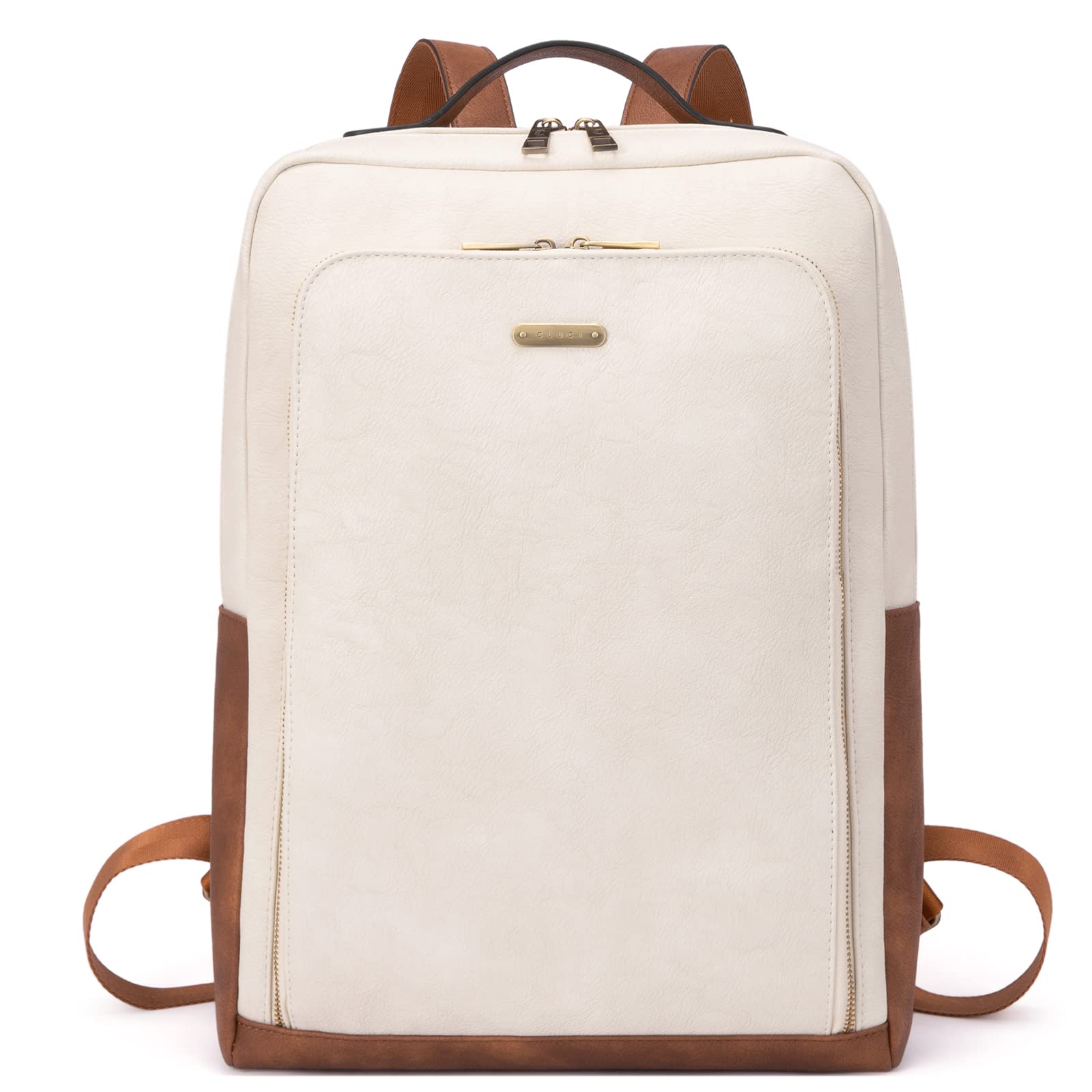CLUCI Vintage Leather Laptop Backpack for Women - 15.6 Inch Business Computer Bag, Large Travel Backpack with Anti-Theft Pocket (Off-White & Brown) | Perfect for Work Commute, College Campus & Business Trips