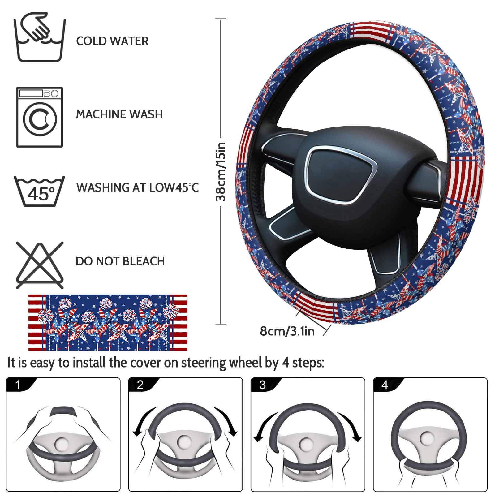 4th of July Themed Steering Wheel Cover - American Flag Stars & Fireworks Design, Red Blue Elastic Sponge Grip, Non-Slip Protective Cover for Cars, SUVs, Trucks & Vans | Perfect for Patriotic Holidays, Road Trips & Summer Driving