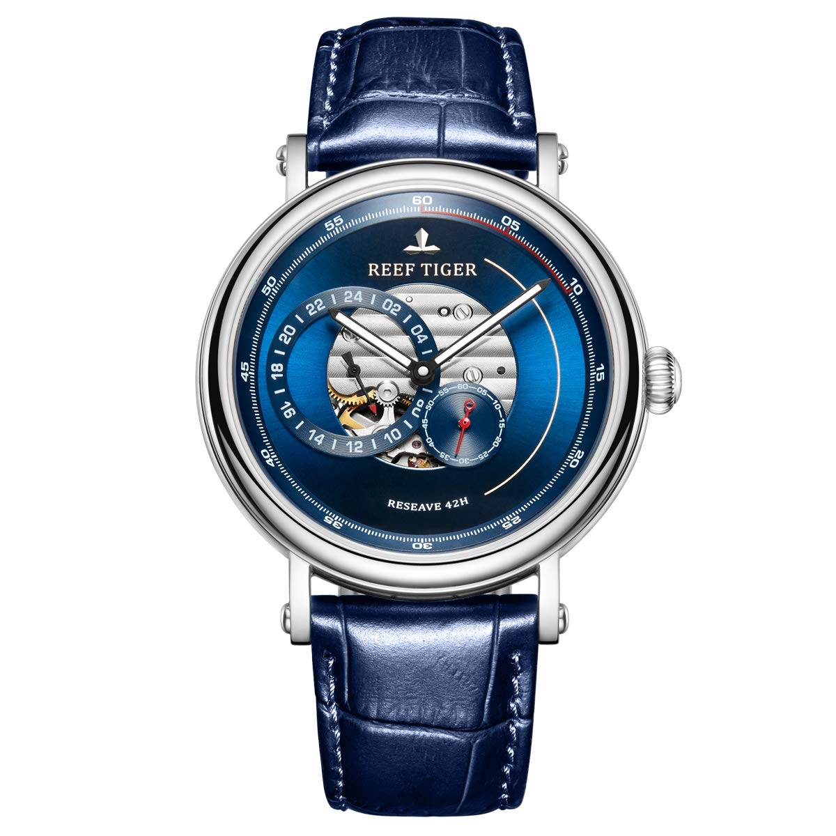 Reef Tiger Luxury Men's Automatic Watch - Blue Reserve RGA1617 with Genuine Leather Strap | Waterproof Dress Watch for Business, Formal Events & Gifts