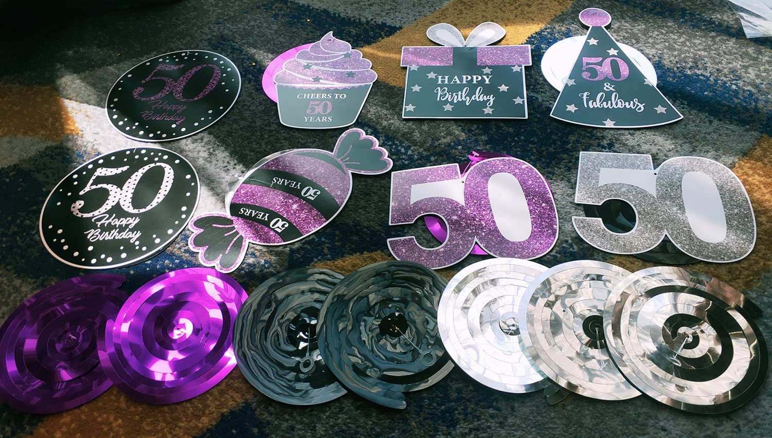 50th Birthday Party Decorations for Women - Purple, Silver & Black Foil Hanging Swirls | Elegant Women's 50th Birthday Party Supplies | Perfect for Milestone Celebrations, Photo Backdrops & Venue Decorations
