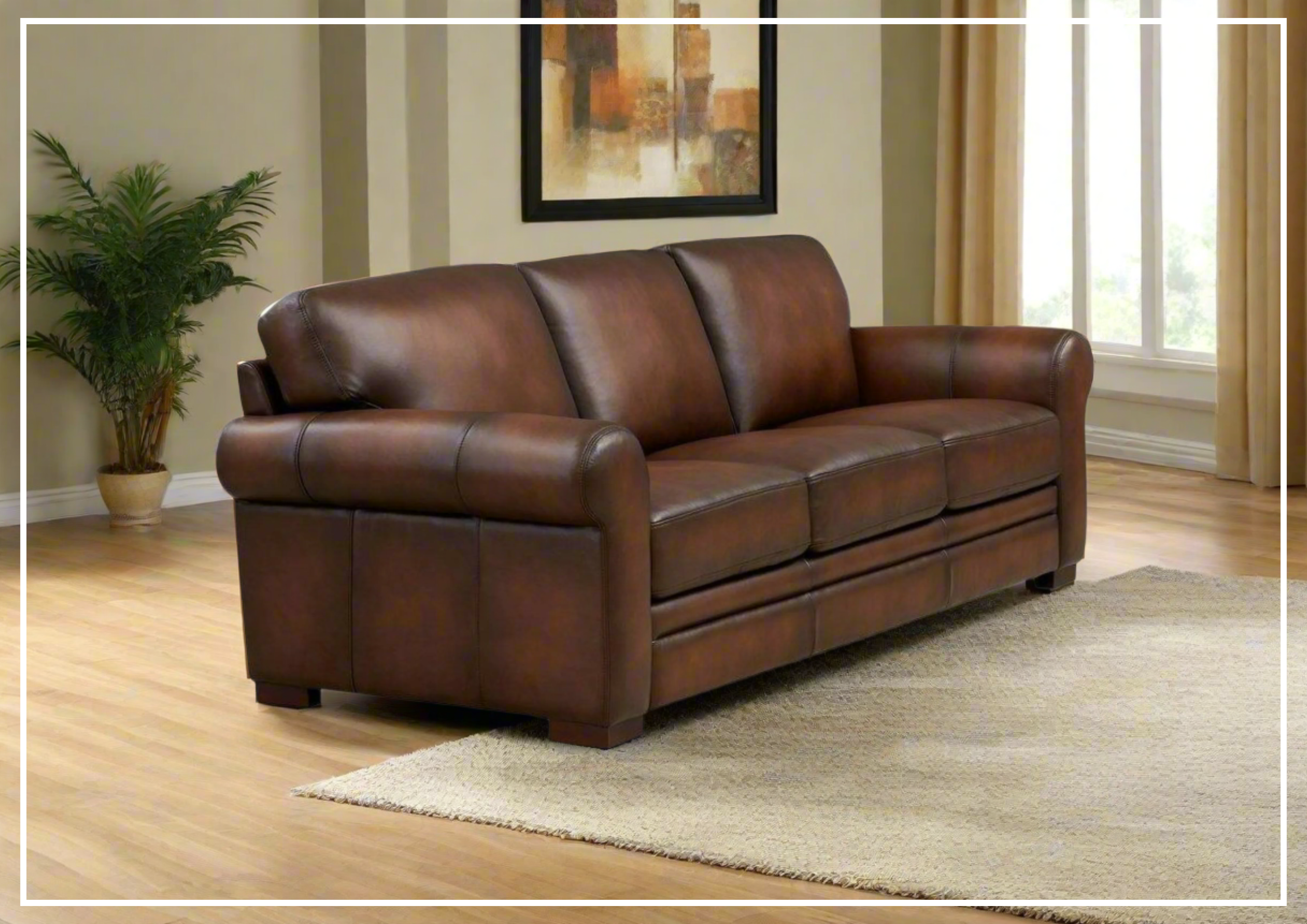 Hydeline Brookfield Brown Top Grain Leather 3-Seater Sofa - Luxurious Genuine Leather Couch for Living Room, Lounge & Home Theater - Perfect for Family Gatherings & Movie Nights