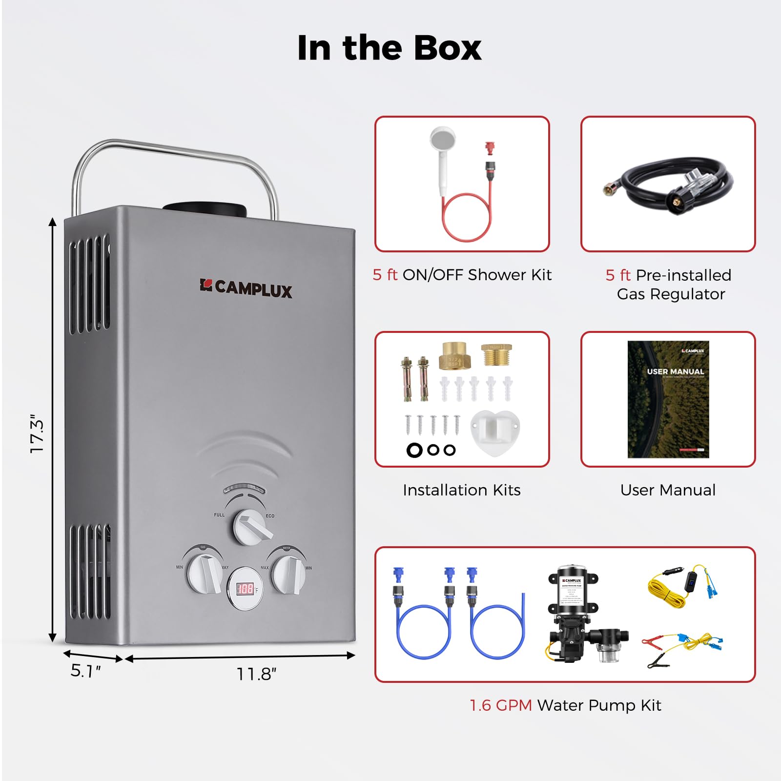 CAMPLUX 41,000 BTU Portable Propane Water Heater for Outdoor Camping & RV Use - 1.58 GPM Tankless Design with 1.6 GPM Water Pump (BW158GP60, Gray) - Perfect for Showering, Washing Dishes & Outdoor Adventures