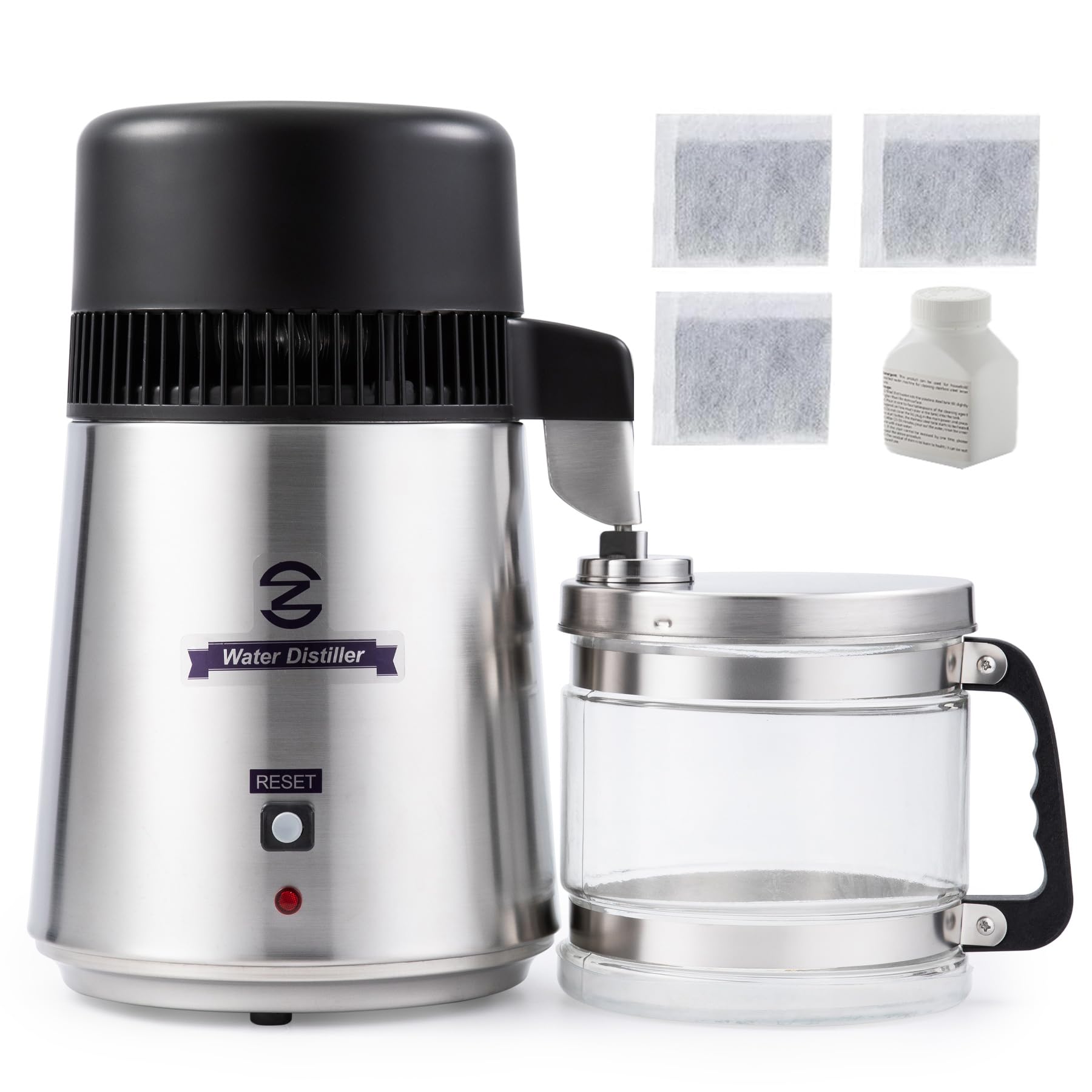 CO-Z 4L Brushed Stainless Steel Water Distiller Machine | Home Distilled Water Maker with Glass Pot | Water Purification System for Clean Drinking Water | Perfect for Home, Office, and Emergency Preparedness