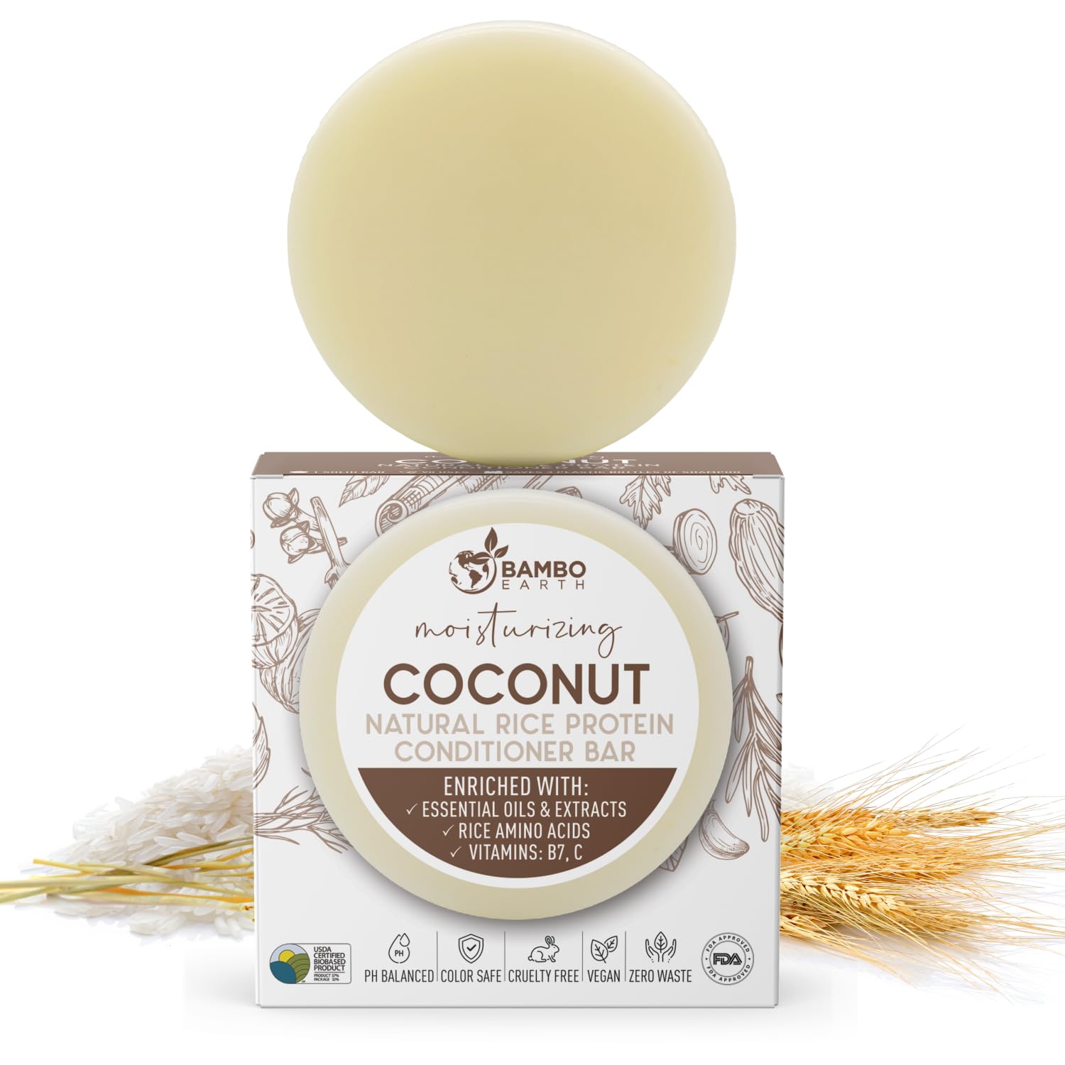 **Solid Rice Protein Hair Conditioner Bar - All Natural Plant-Based Essential Oils, Zero Waste Packaging - Use with Shampoo Bar (Coconut) - Perfect for Eco-Friendly Hair Care at Home or Travel**