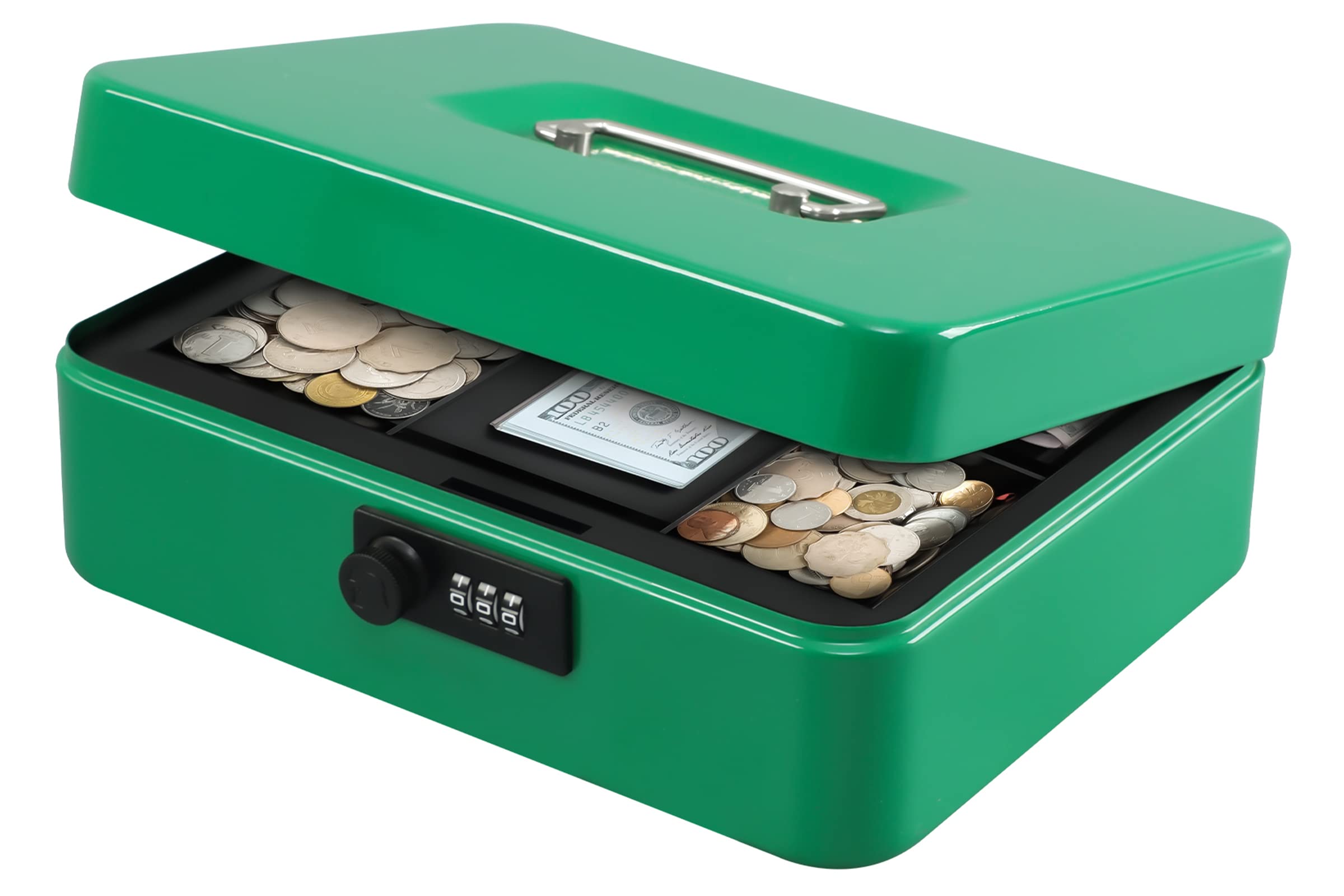 KYODOLED Large Cash Box with Combination Lock - Heavy Duty Metal Money Safe with Removable Tray (9.84x7.87x3.54 Inch) - Secure Storage for Cash, Valuables & Documents - Ideal for Home, Office, Retail Stores & Small Businesses (Green)