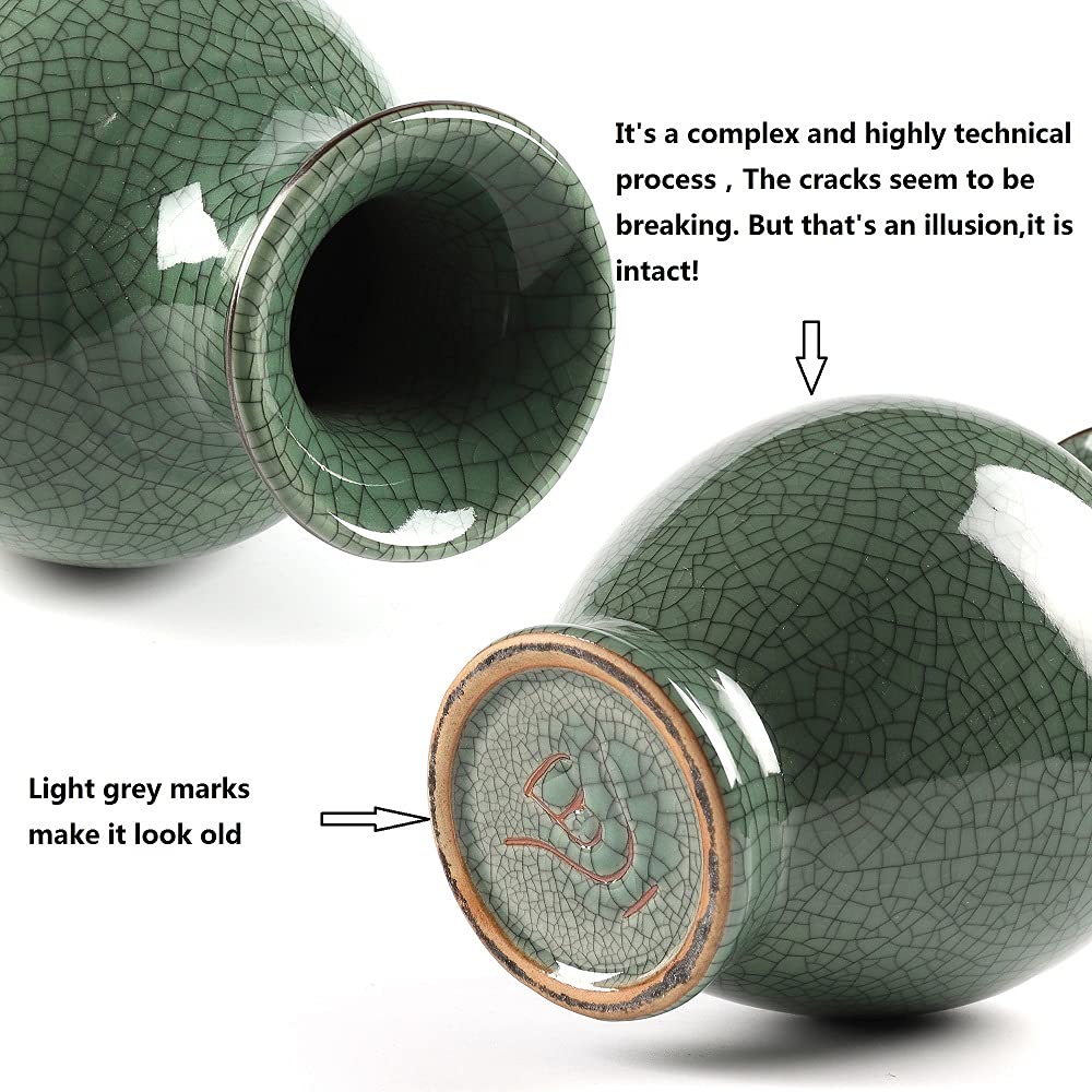Handmade Antique Chinese Ceramic Vase - Ice Crack Glaze Porcelain Flower Vase for Home Decor, Wedding Centerpiece & Living Room Display (Green, Large)