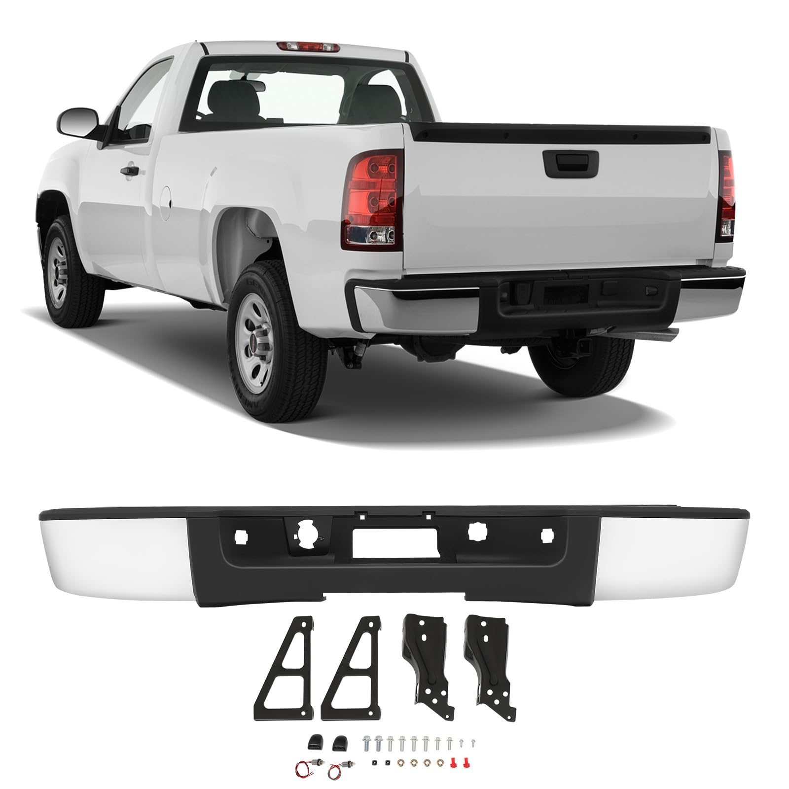 OCPTY Chrome Rear Bumper with License Plate Lights Compatible with 2007-2013 Chevrolet Silverado 1500 & GMC Sierra 1500 - Durable Replacement for Truck Accessories, Off-Roading & Daily Driving