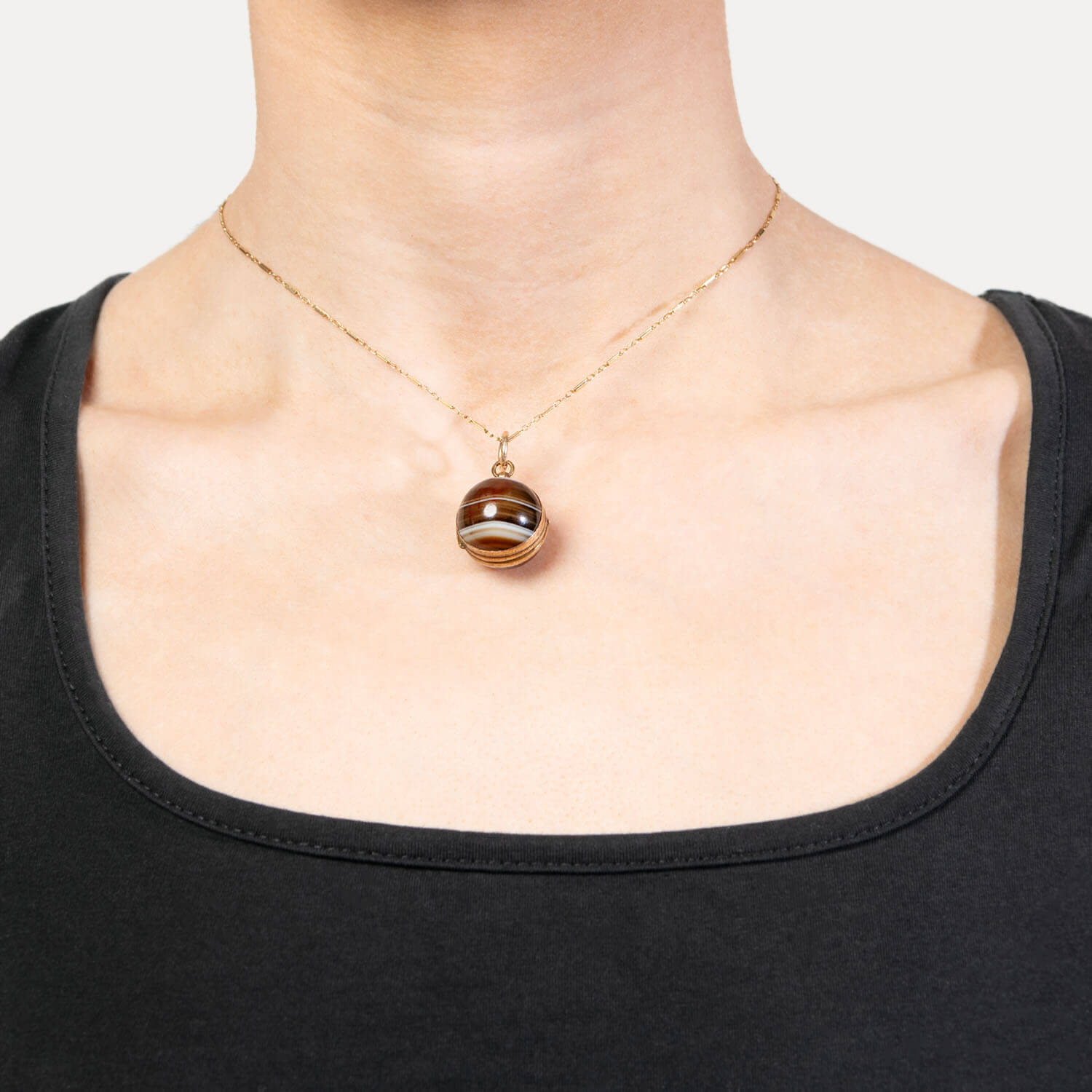 Victorian Style 10K Gold Banded Agate Ball Locket Pendant Necklace - Elegant Antique Jewelry for Women, Gift for Her, Valentine's Day & Anniversary Present