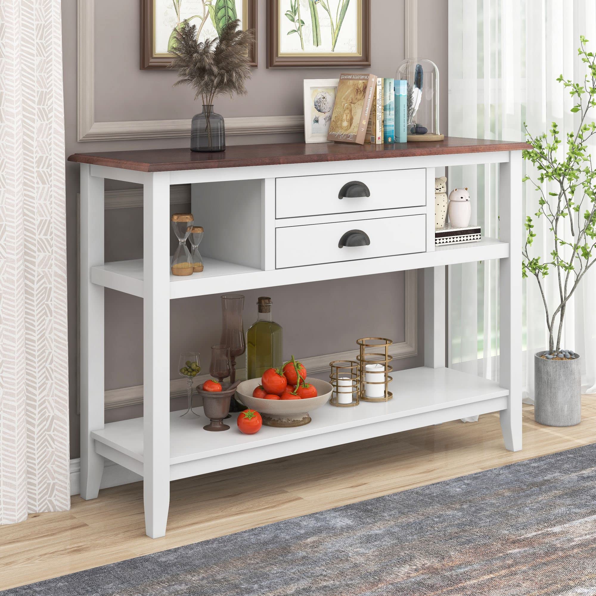 DERCASS Modern Console Table with 2 Drawers - Color-Matched Sofa Table with Storage Drawers & Open Shelves for Living Room, Entryway, Hallway - White & Walnut Finish - Perfect for Home Decor, Small Space Organization & Displaying Decorative Items
