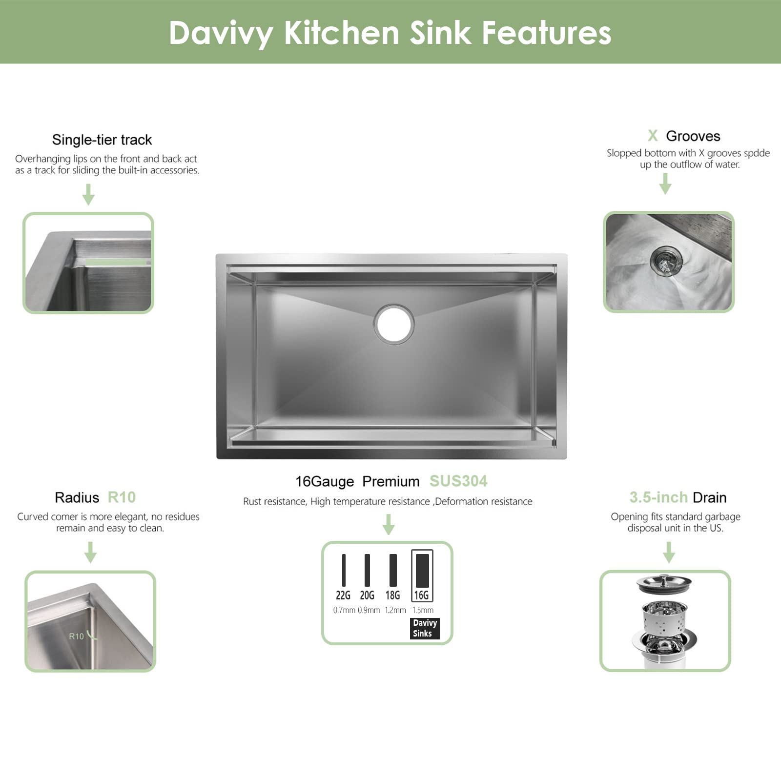**Davivy 27x18 Inch Undermount Single Bowl Kitchen Sink - 16 Gauge Stainless Steel Workstation Sink with Single Track & Accessories - Perfect for Home & Commercial Kitchens**